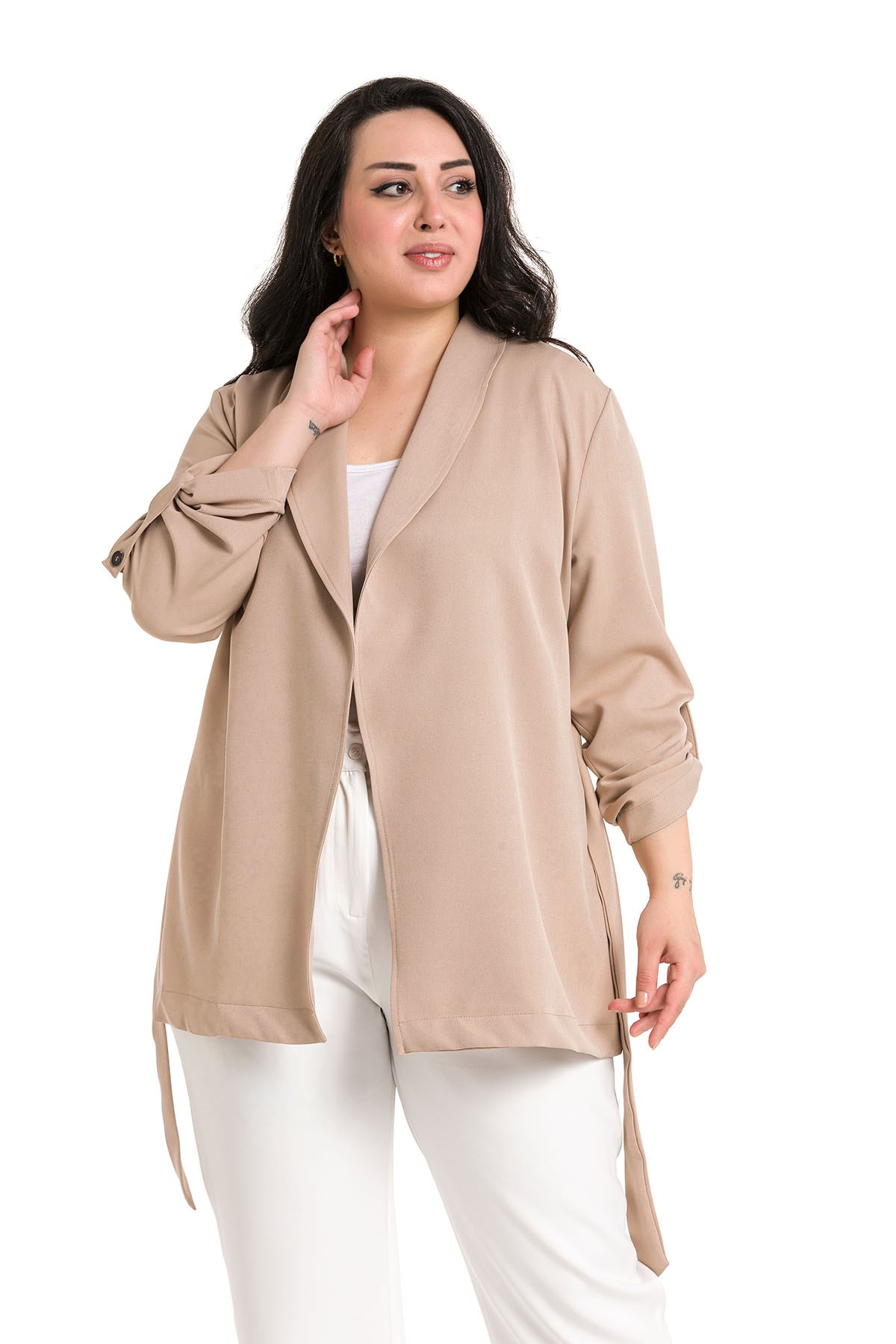 Plus Size Shawl Collar Self Belted Folded Sleeve Mink Jacket