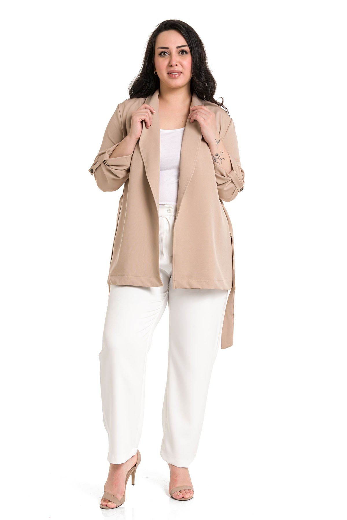 Plus Size Shawl Collar Self Belted Folded Sleeve Mink Jacket