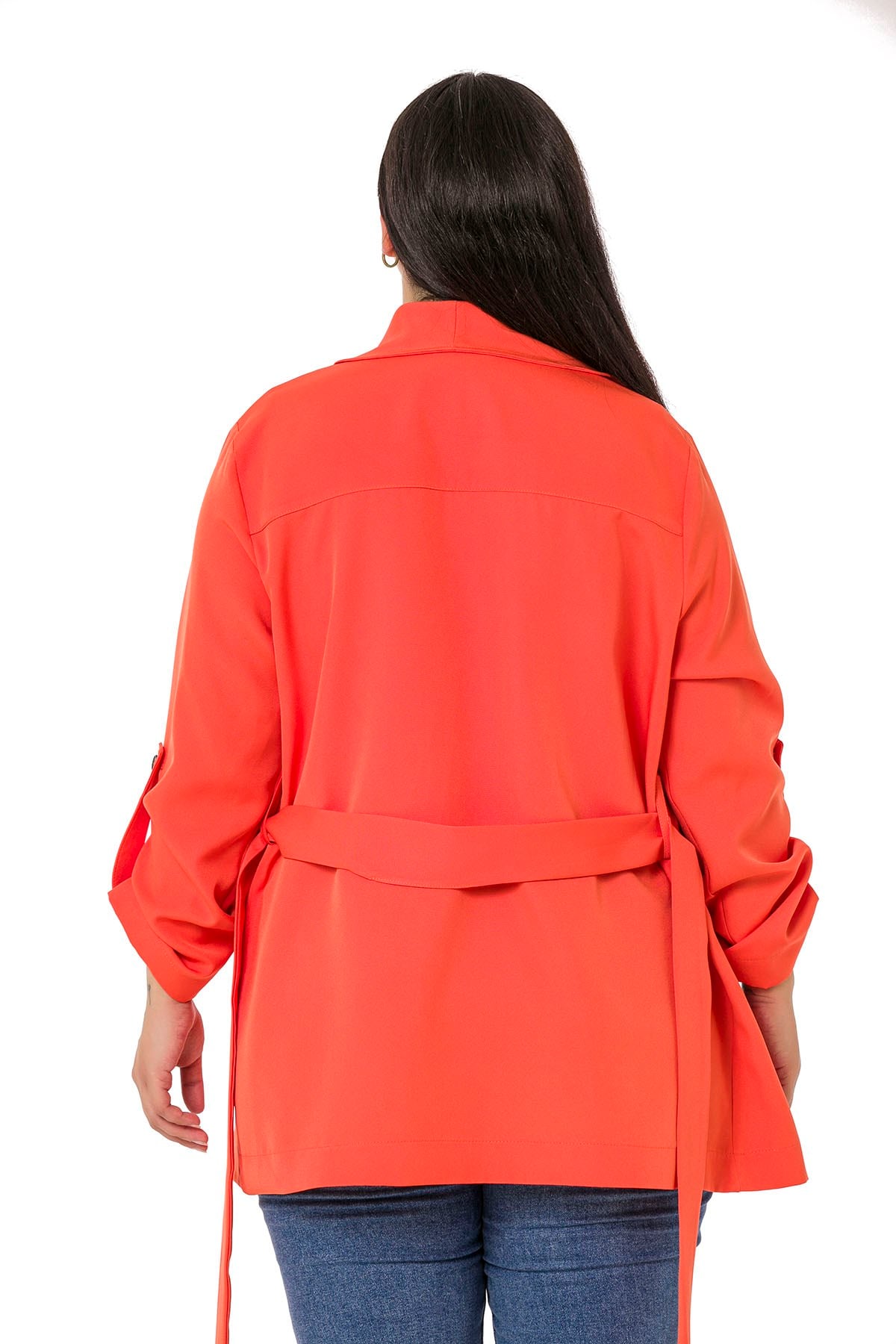 Plus Size Shawl Collar Self Belted Folded Sleeve Orange Jacket