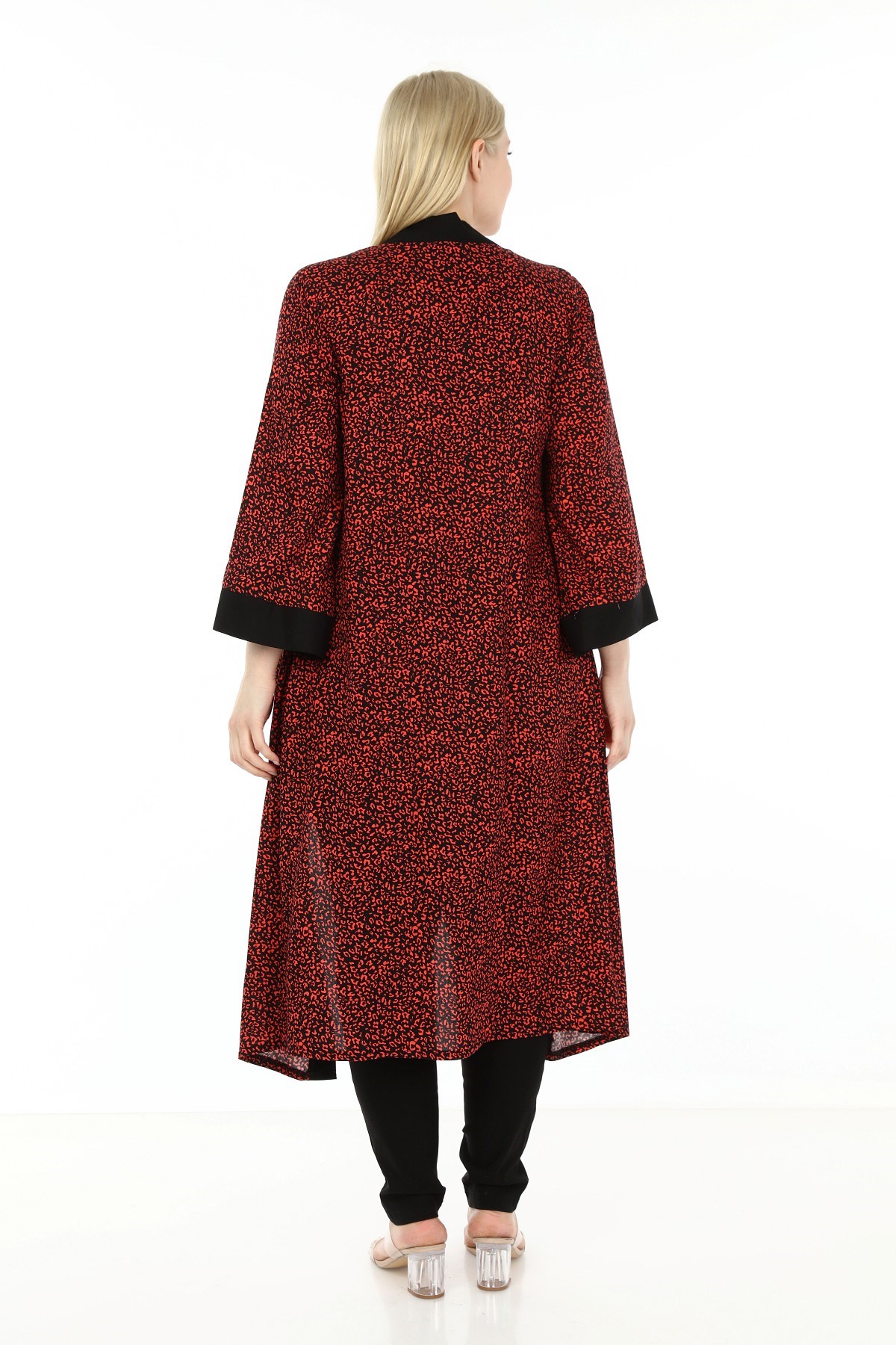 Plus Size Shawl Collar Belted Red Black Long Kimono