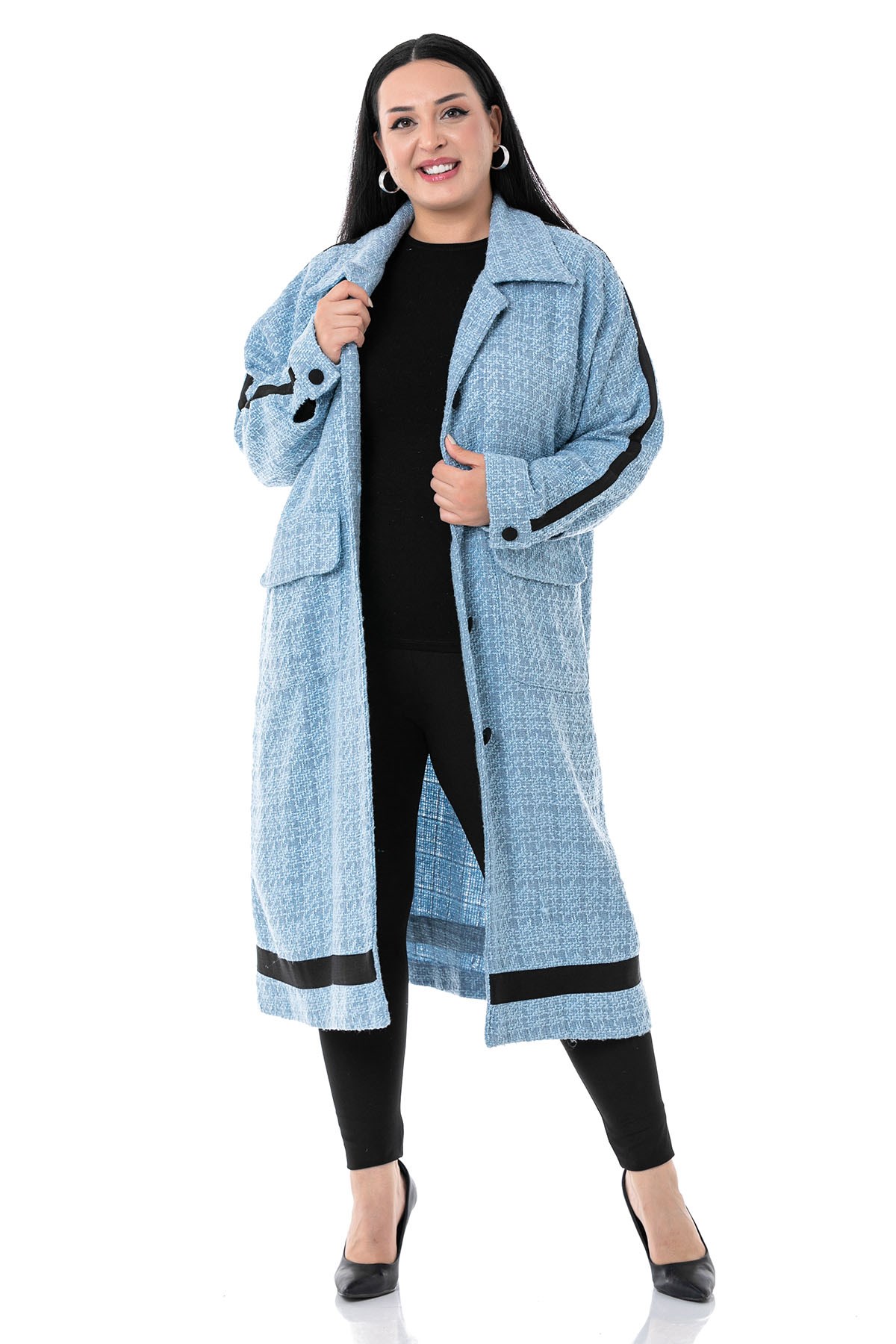 Plus Size Stripe Detailed Coated Button Long Unlined Boucle Blue Jacket