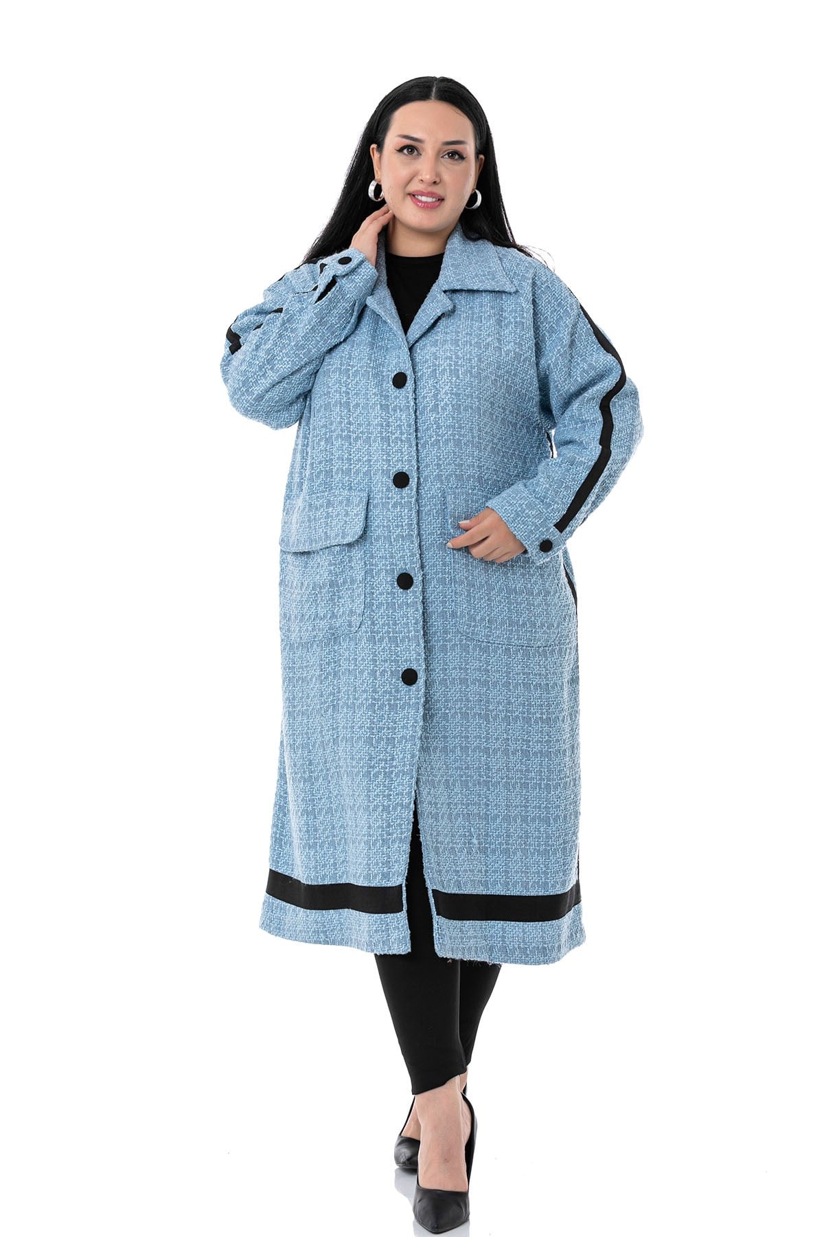 Plus Size Stripe Detailed Coated Button Long Unlined Boucle Blue Jacket