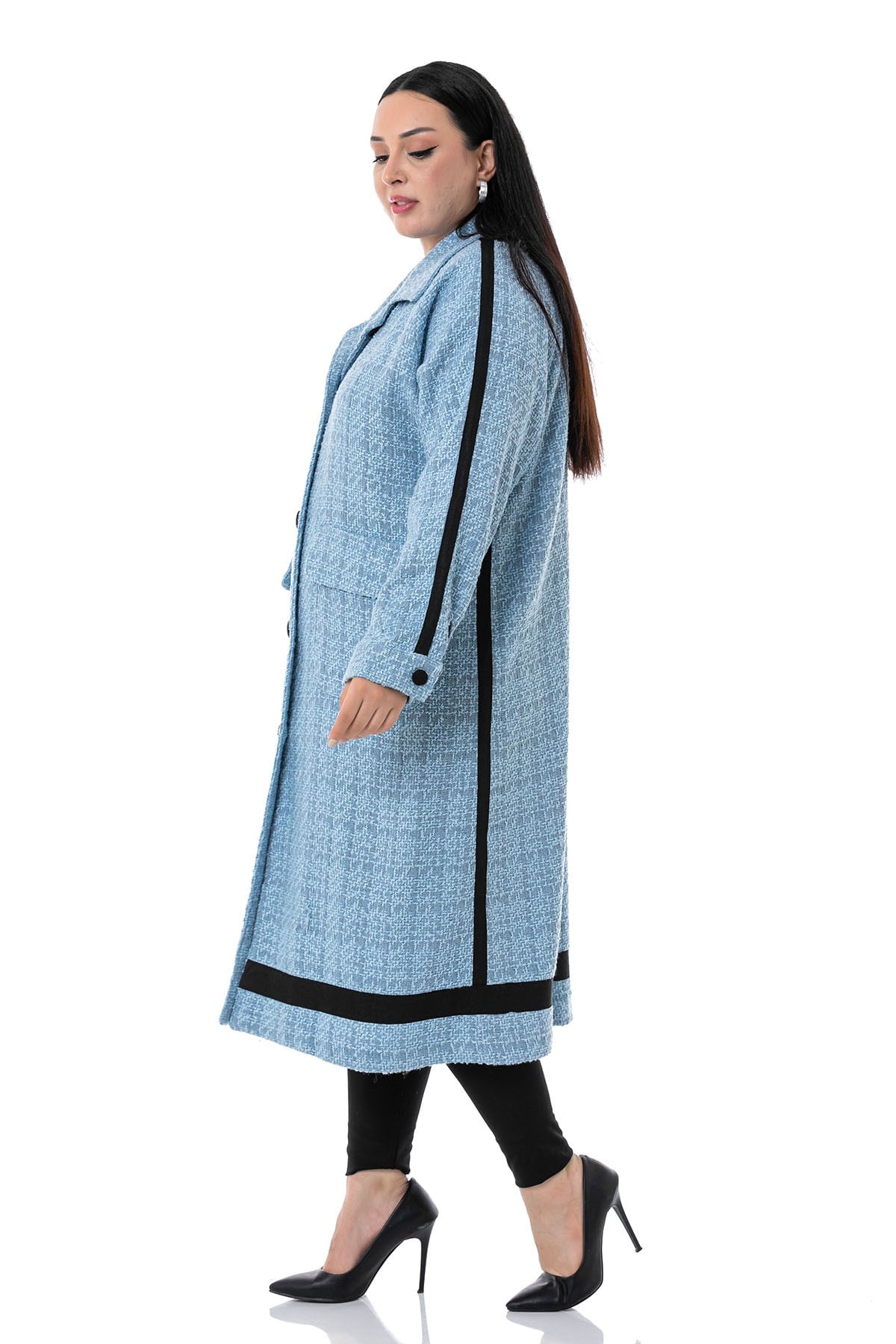 Plus Size Stripe Detailed Coated Button Long Unlined Boucle Blue Jacket