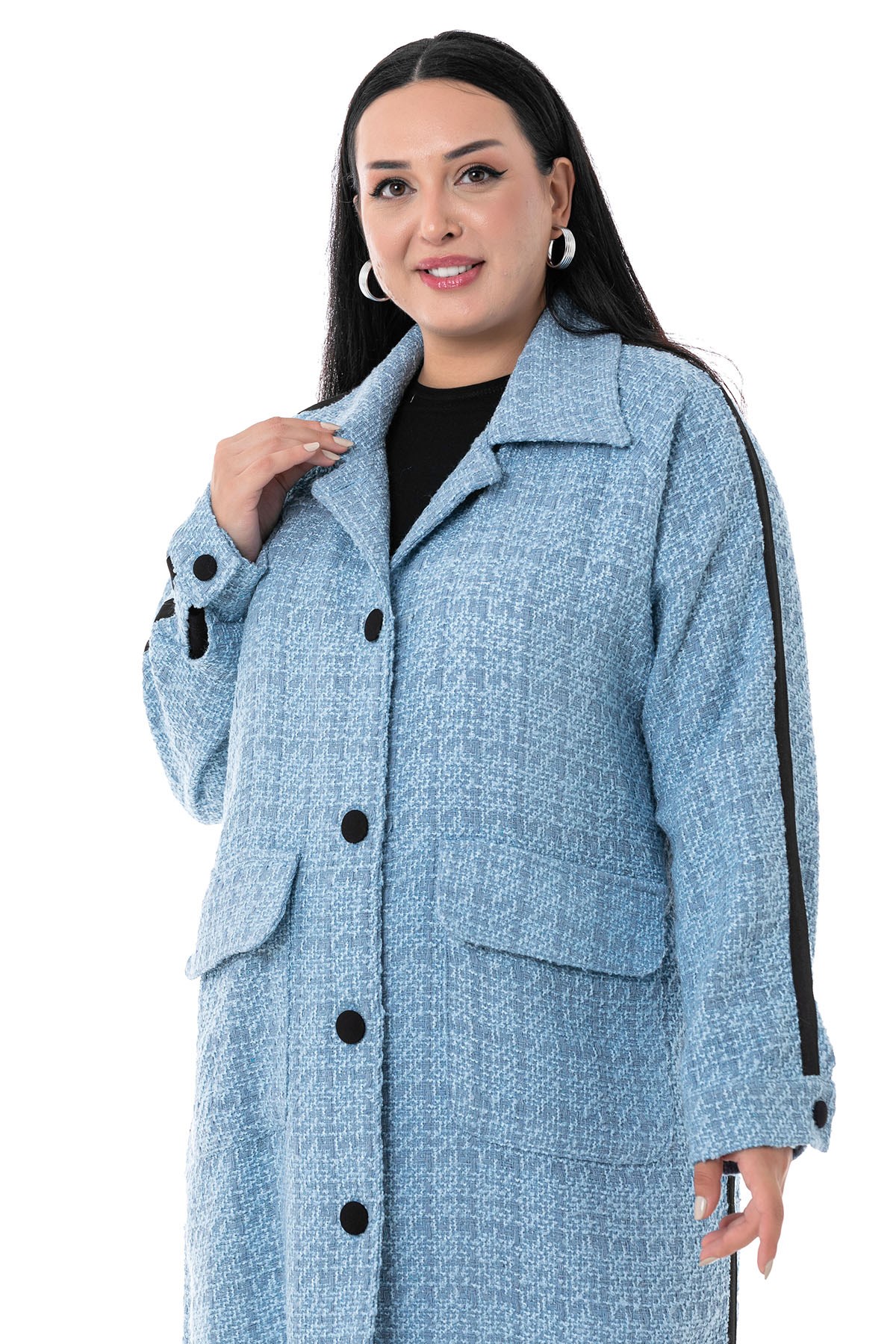Plus Size Stripe Detailed Coated Button Long Unlined Boucle Blue Jacket