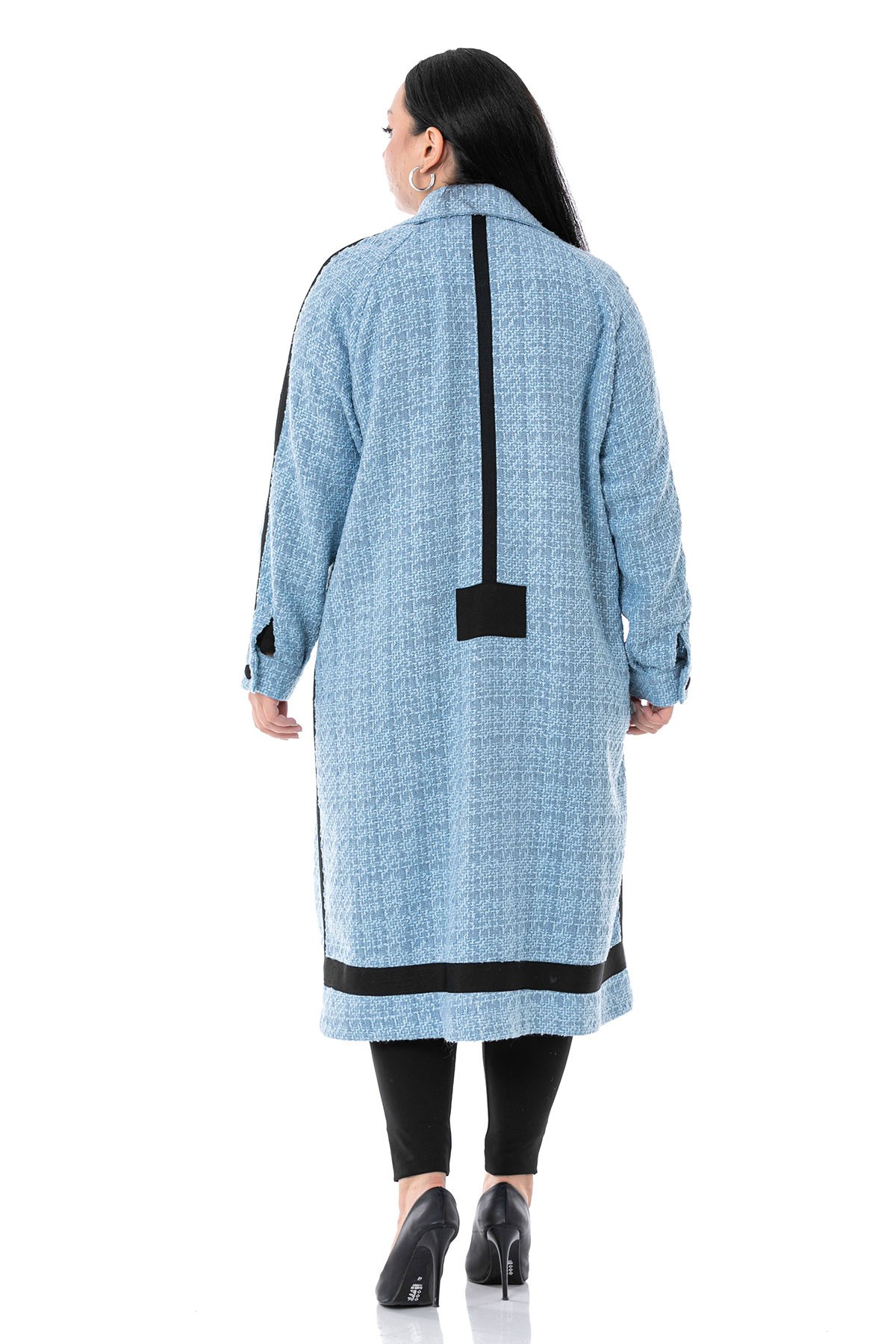 Plus Size Stripe Detailed Coated Button Long Unlined Boucle Blue Jacket
