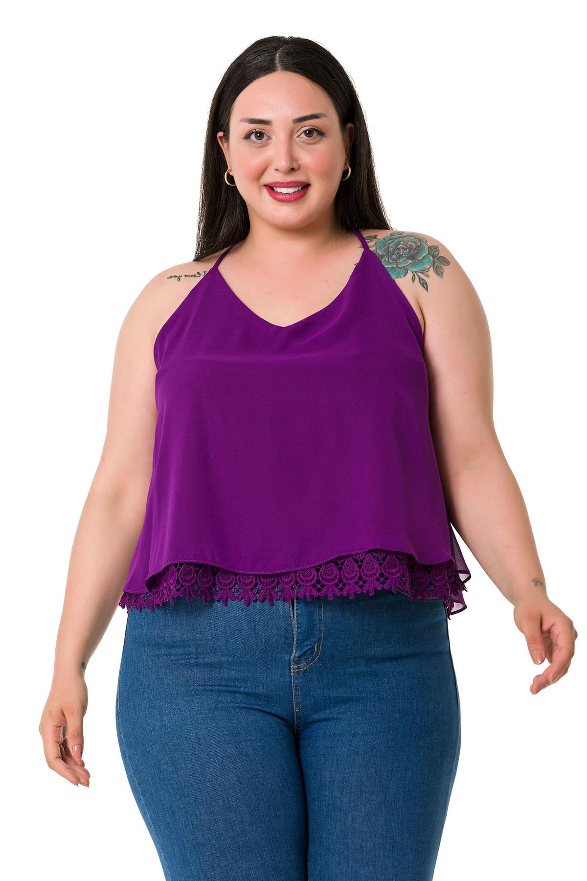 Plus Size Backless Lace Detailed Chiffon Purple Blouse