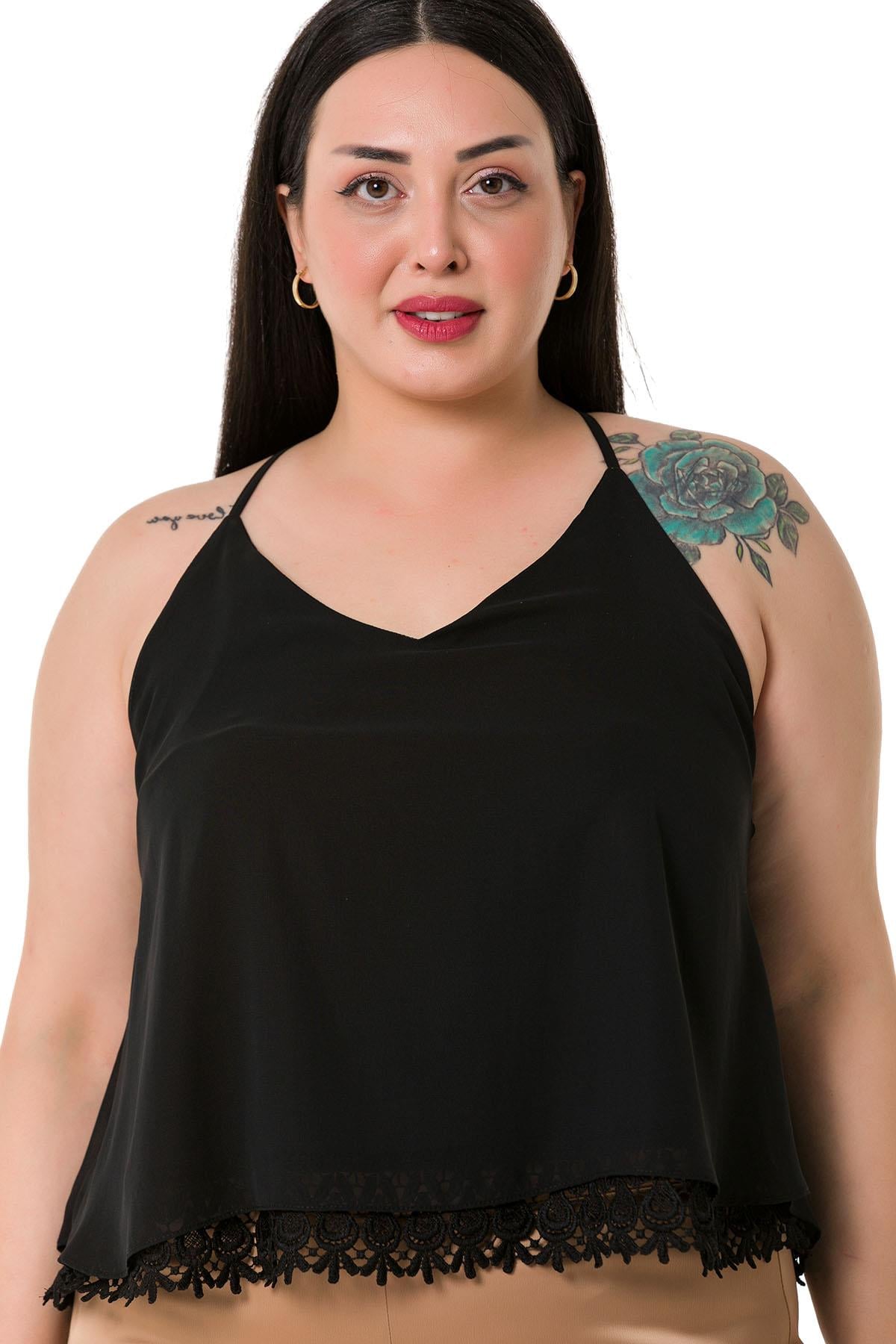 Plus Size Backless Lace Detailed Chiffon Black Blouse