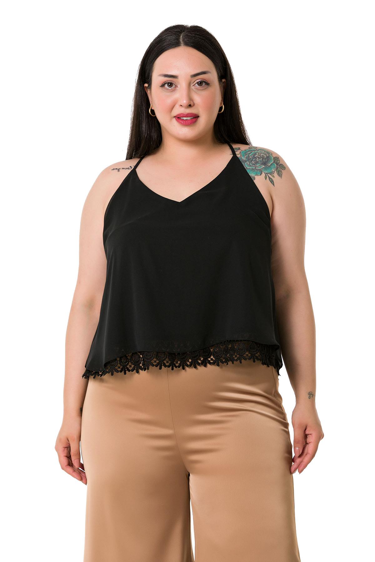 Plus Size Backless Lace Detailed Chiffon Black Blouse