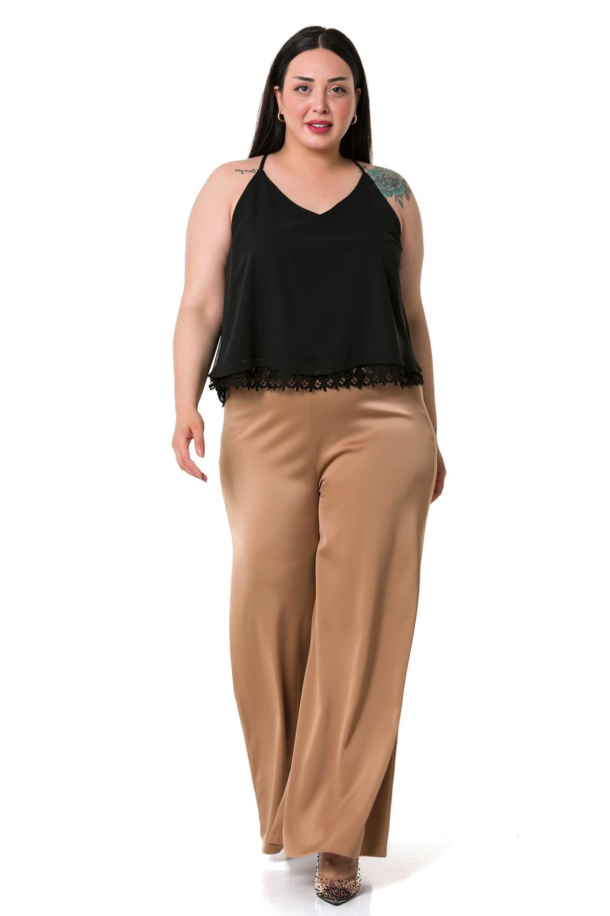 Plus Size Backless Lace Detailed Chiffon Black Blouse