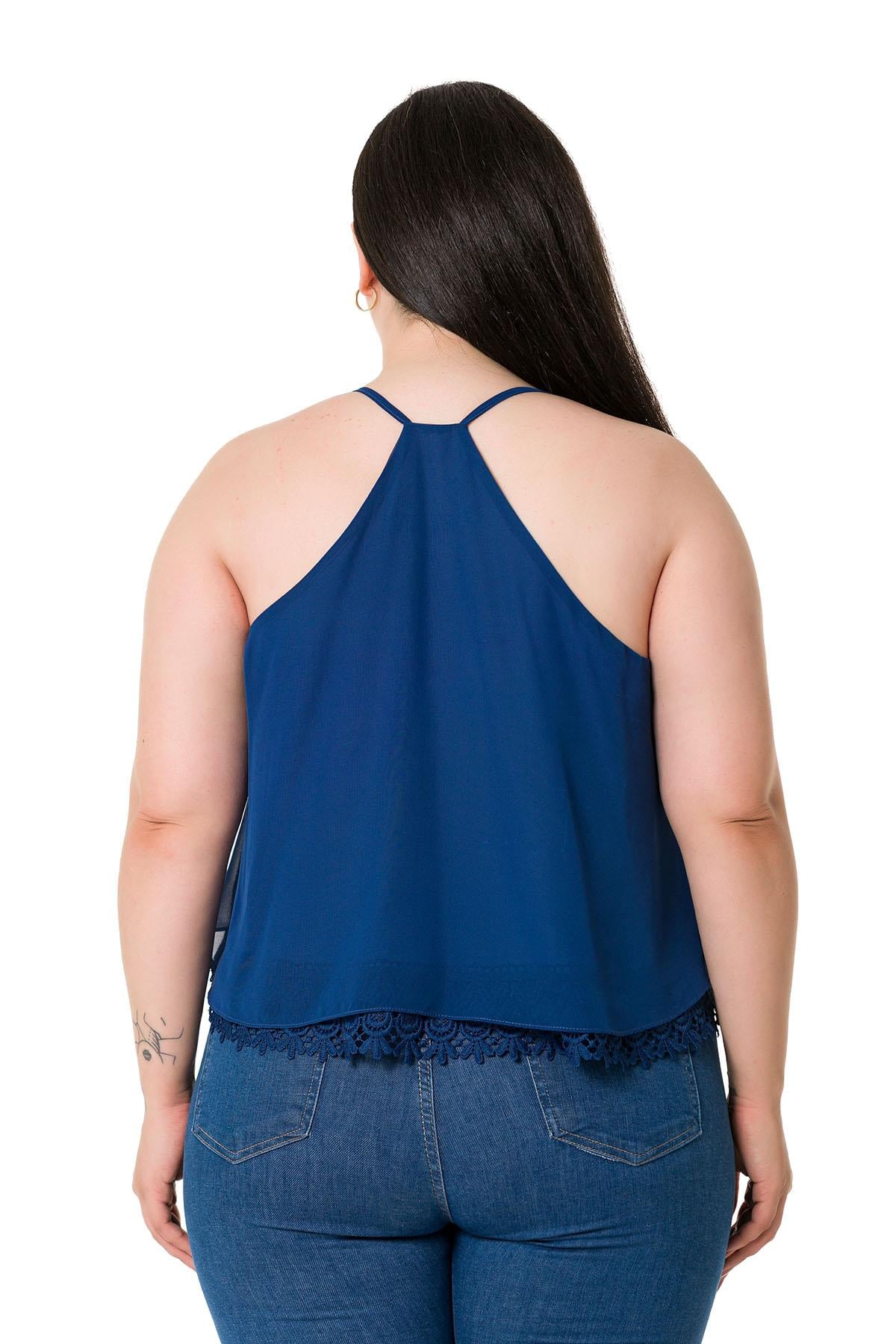 Plus Size Backless Lace Detailed Chiffon Navy Blue Blouse