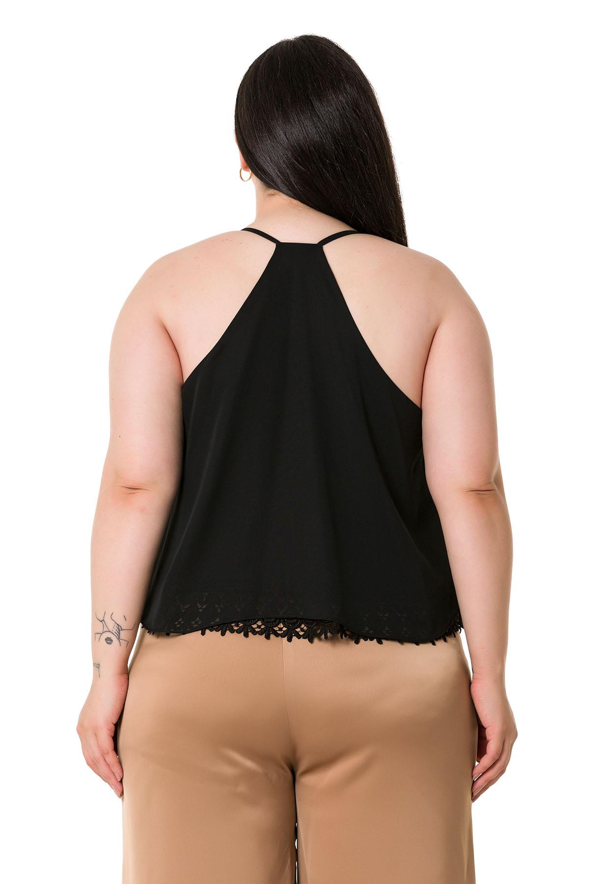 Plus Size Backless Lace Detailed Chiffon Black Blouse