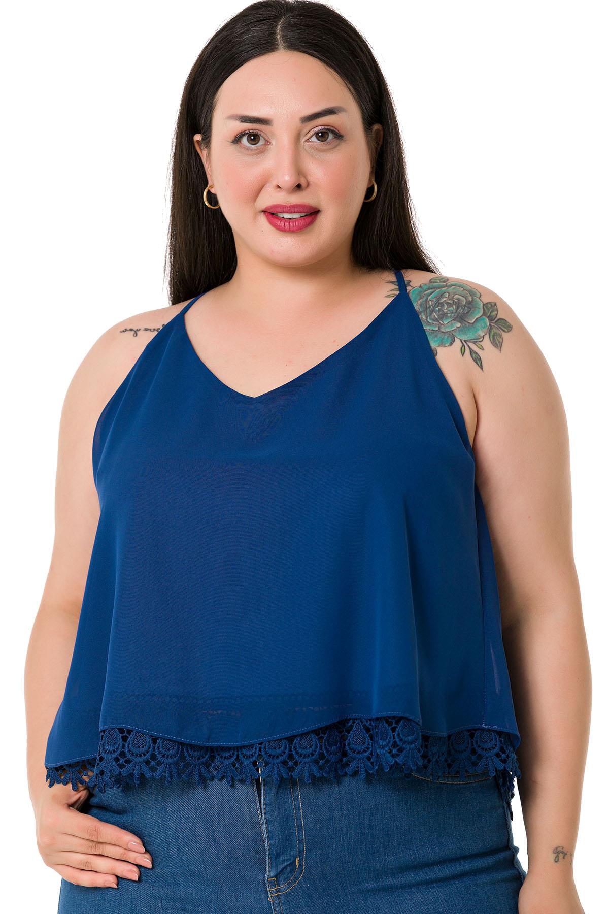 Plus Size Backless Lace Detailed Chiffon Navy Blue Blouse