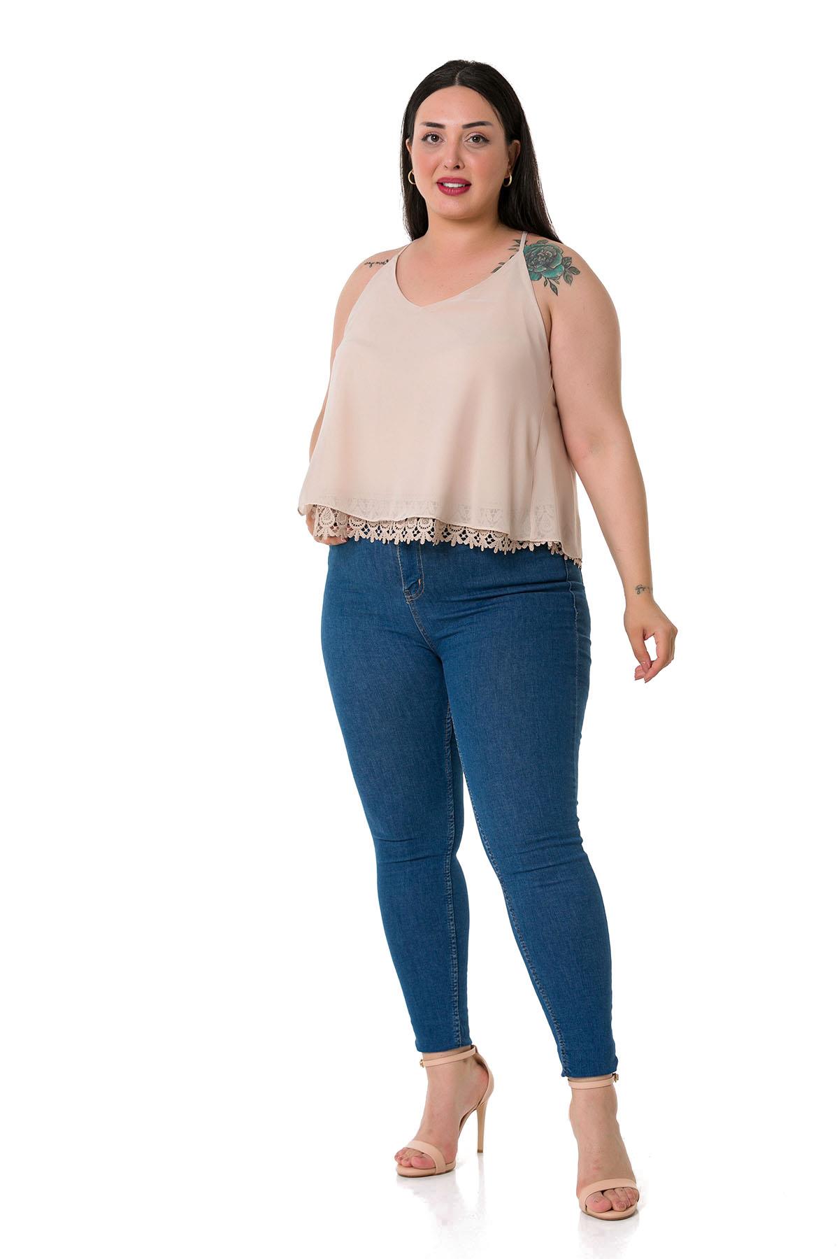 Plus Size Backless Lace Detailed Chiffon Beige Blouse