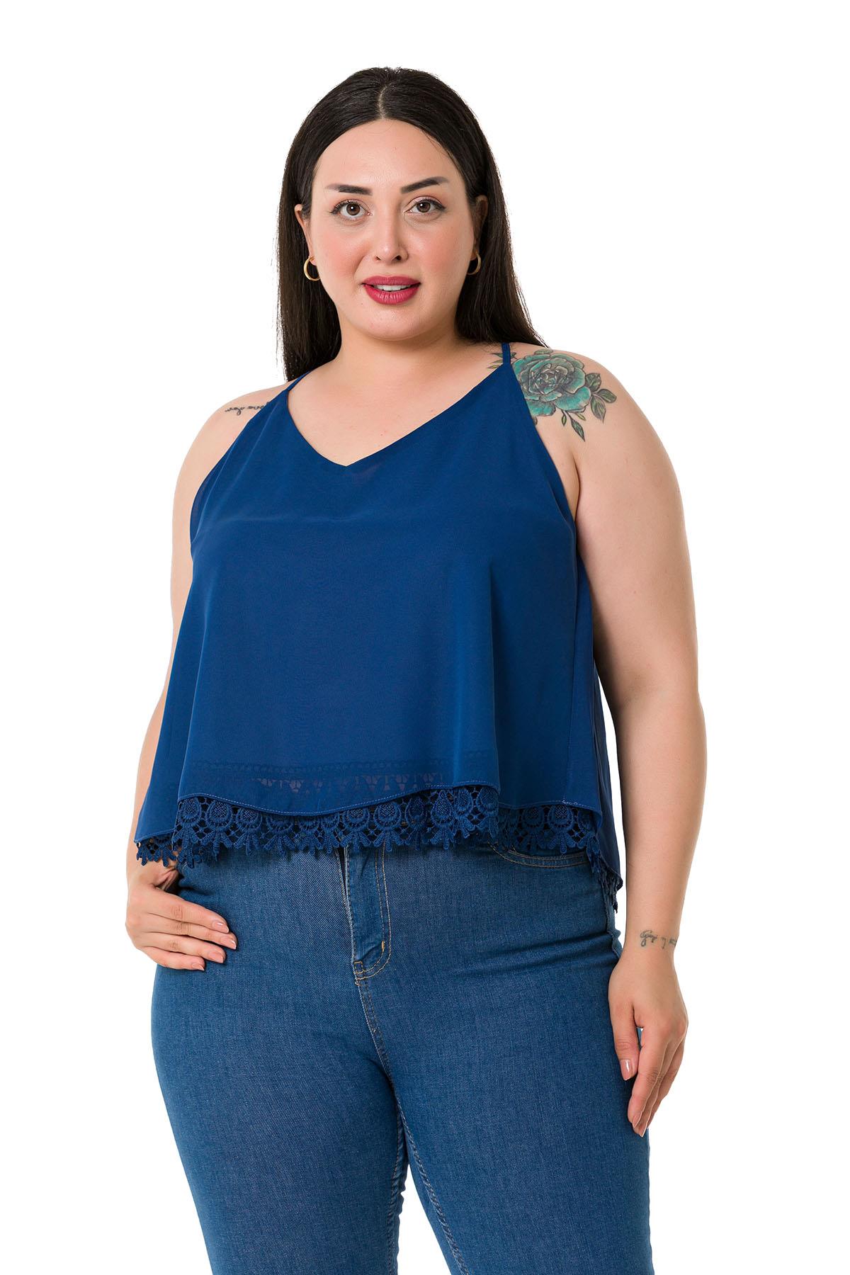 Plus Size Backless Lace Detailed Chiffon Navy Blue Blouse