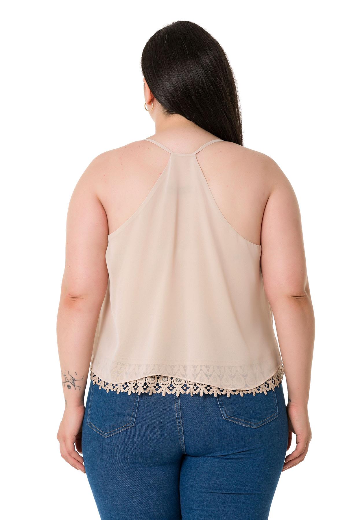 Plus Size Backless Lace Detailed Chiffon Beige Blouse
