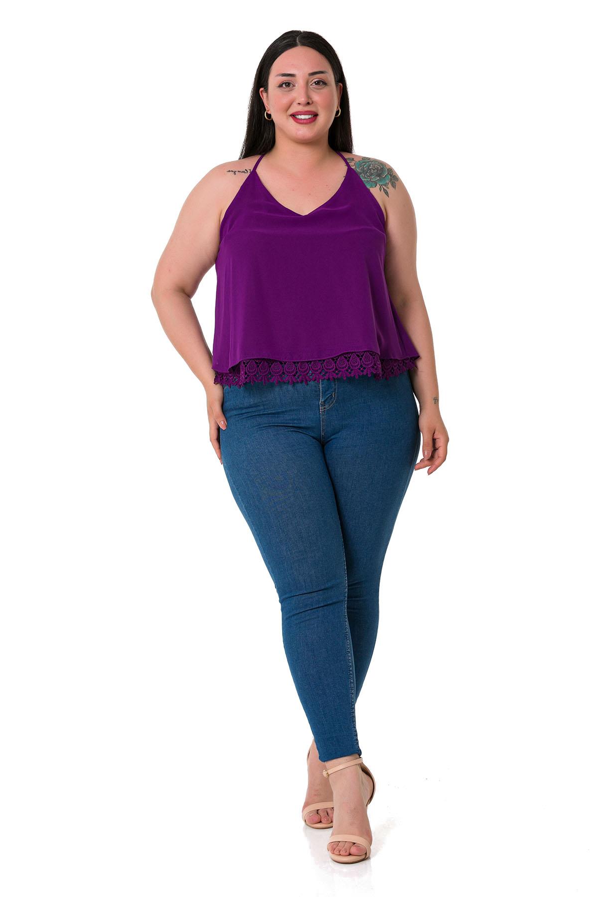 Plus Size Backless Lace Detailed Chiffon Purple Blouse