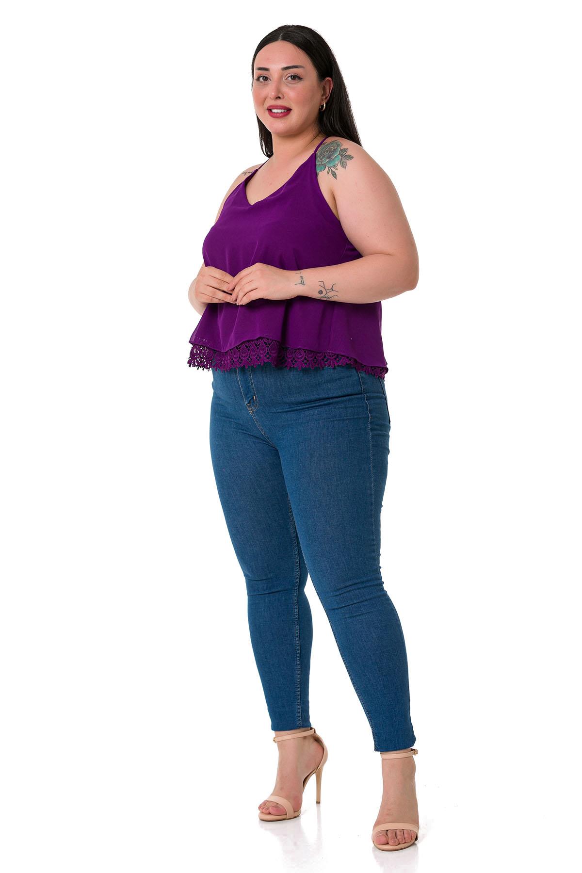 Plus Size Backless Lace Detailed Chiffon Purple Blouse