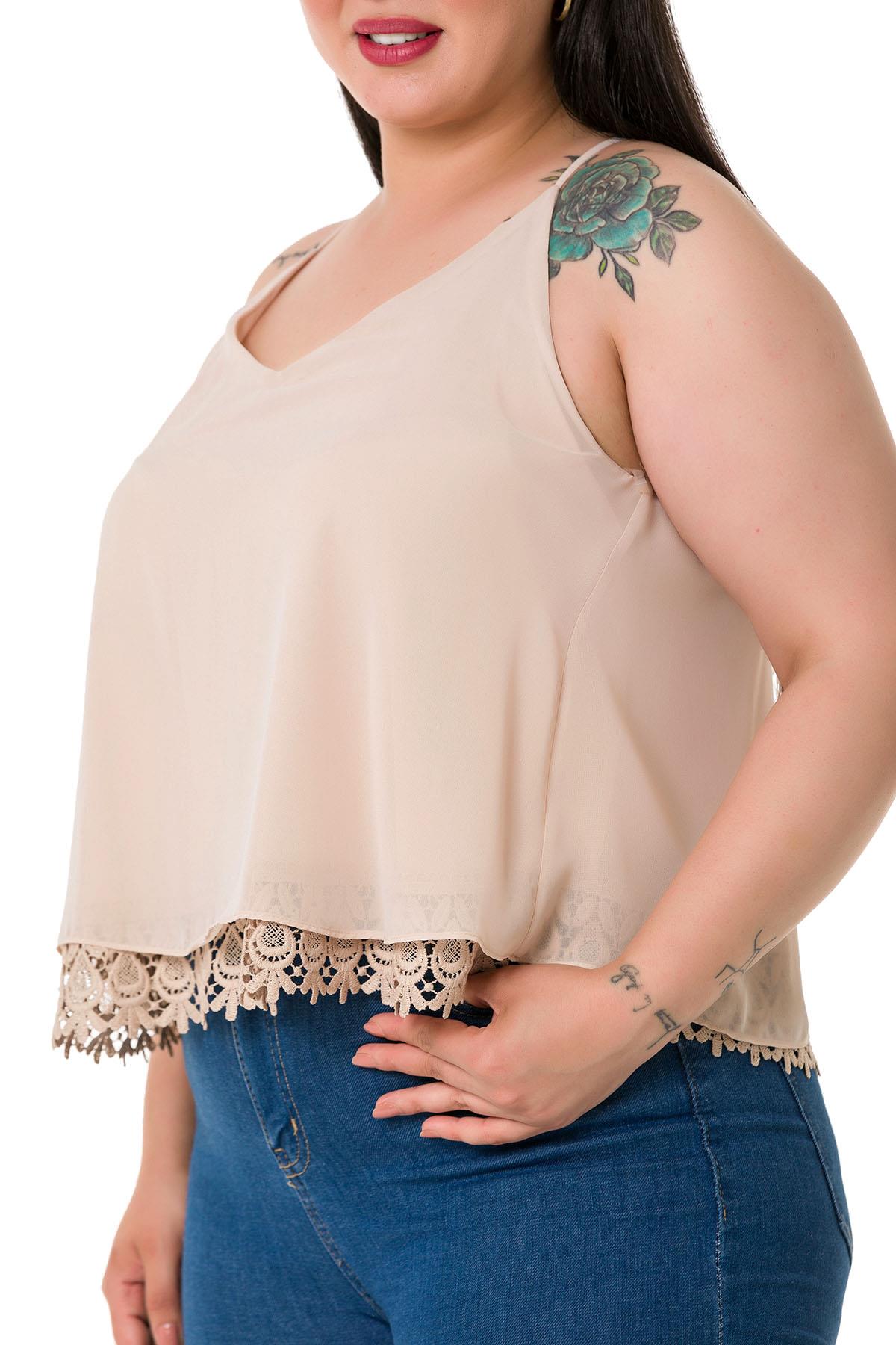 Plus Size Backless Lace Detailed Chiffon Beige Blouse