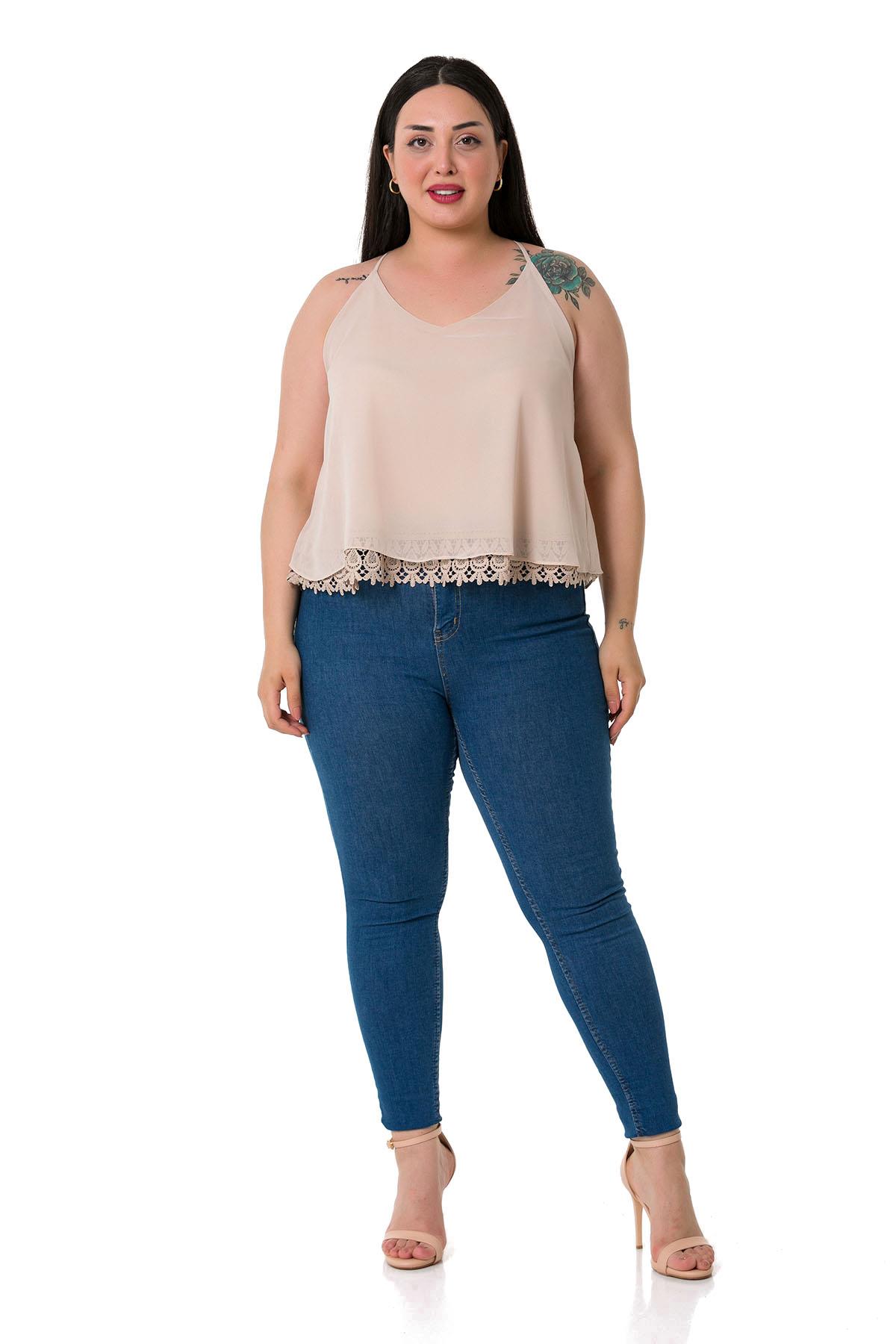 Plus Size Backless Lace Detailed Chiffon Beige Blouse