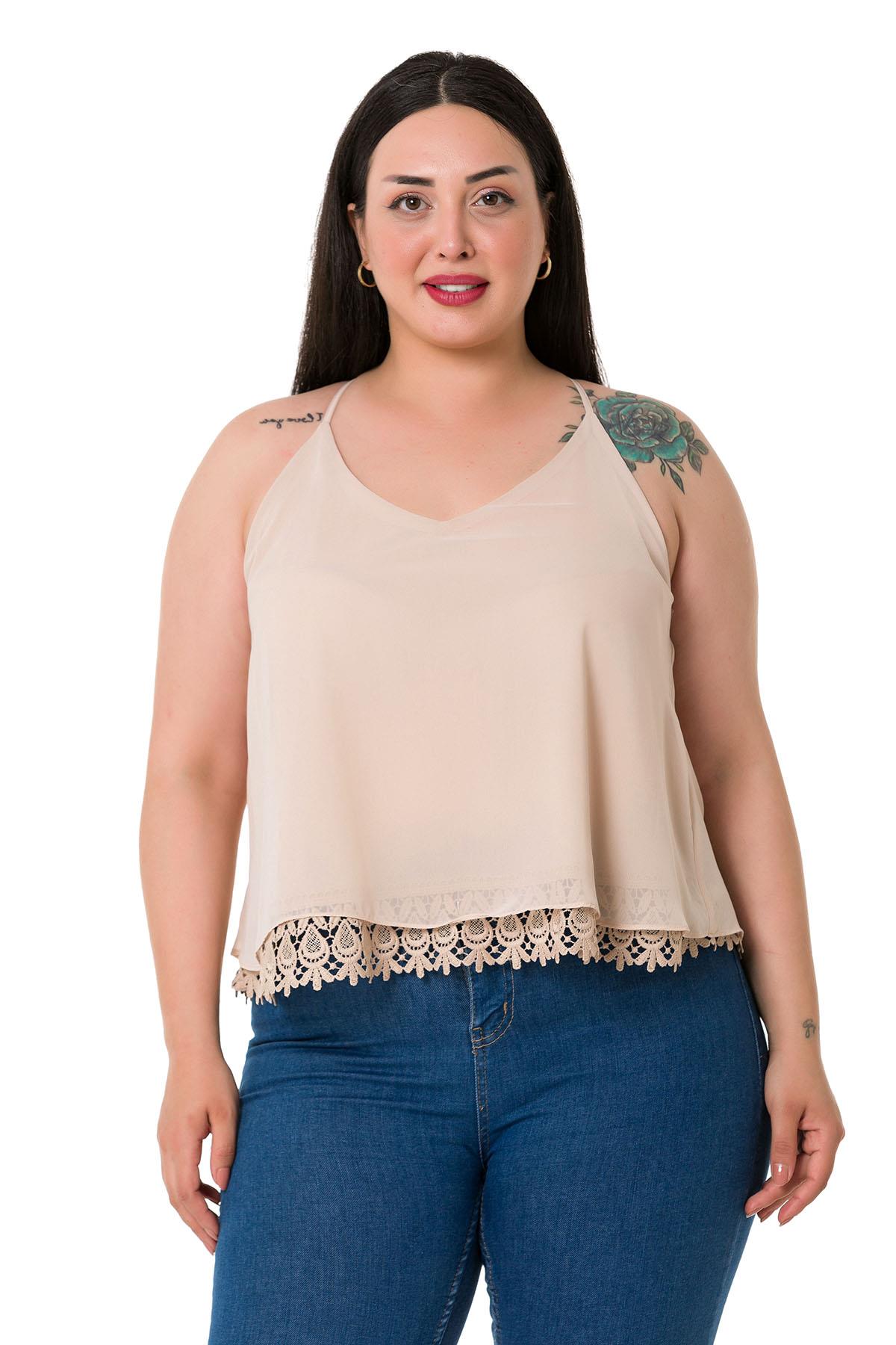 Plus Size Backless Lace Detailed Chiffon Beige Blouse