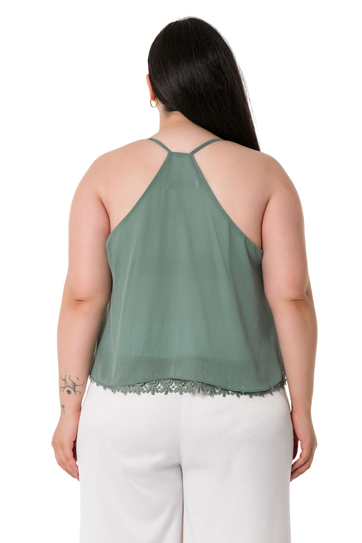 Plus Size Backless Lace Detailed Chiffon Water Green Blouse