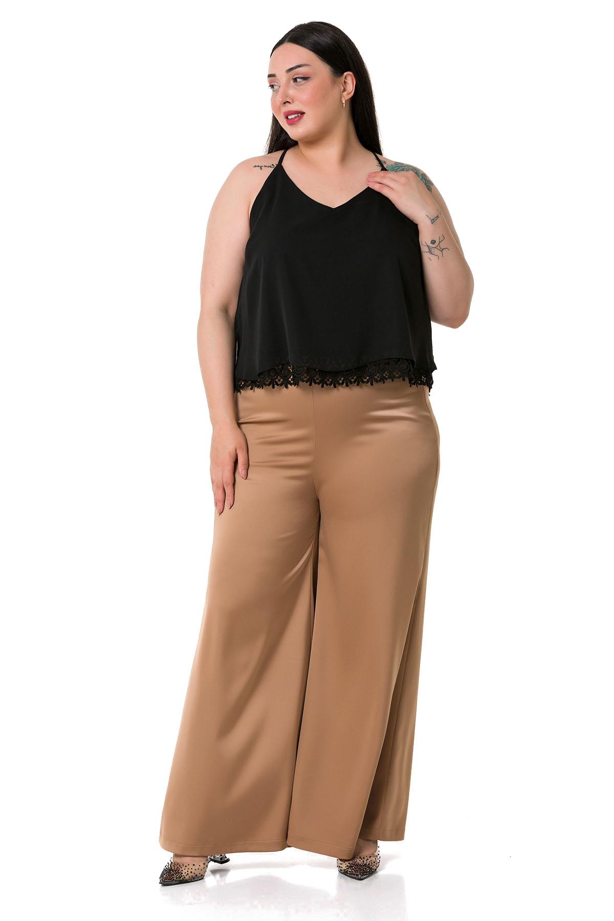 Plus Size Backless Lace Detailed Chiffon Black Blouse