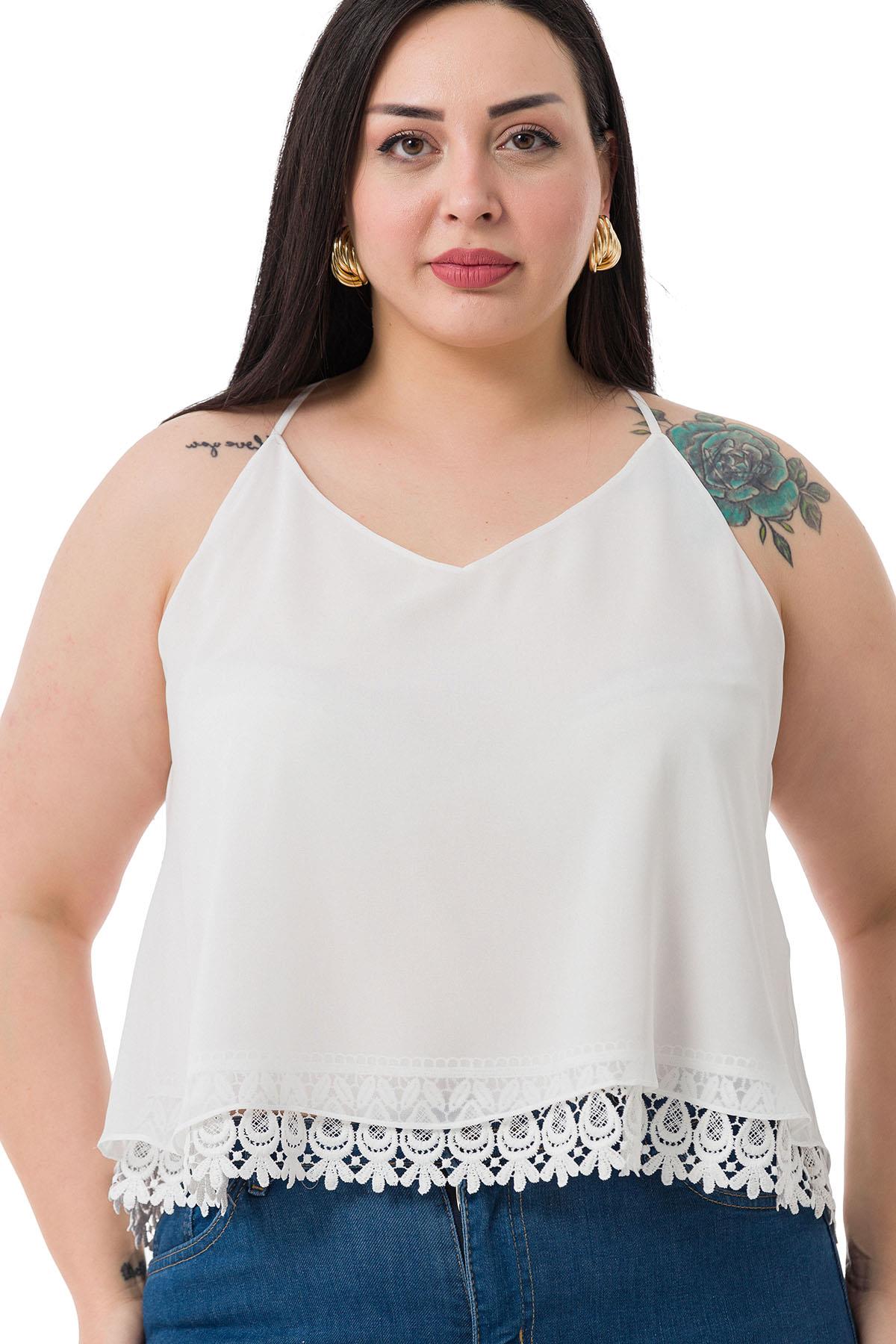 Plus Size Backless Lace Detailed Chiffon White Blouse