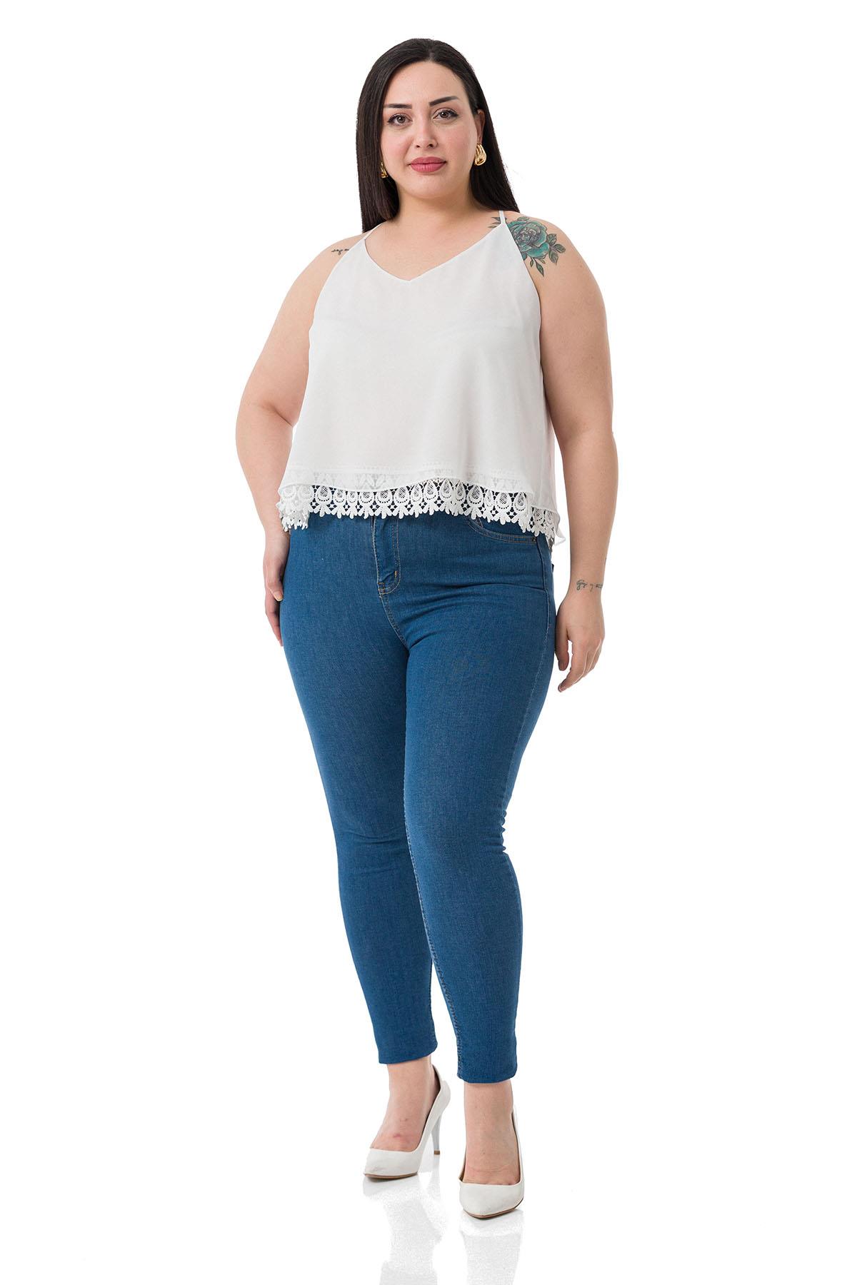 Plus Size Backless Lace Detailed Chiffon White Blouse