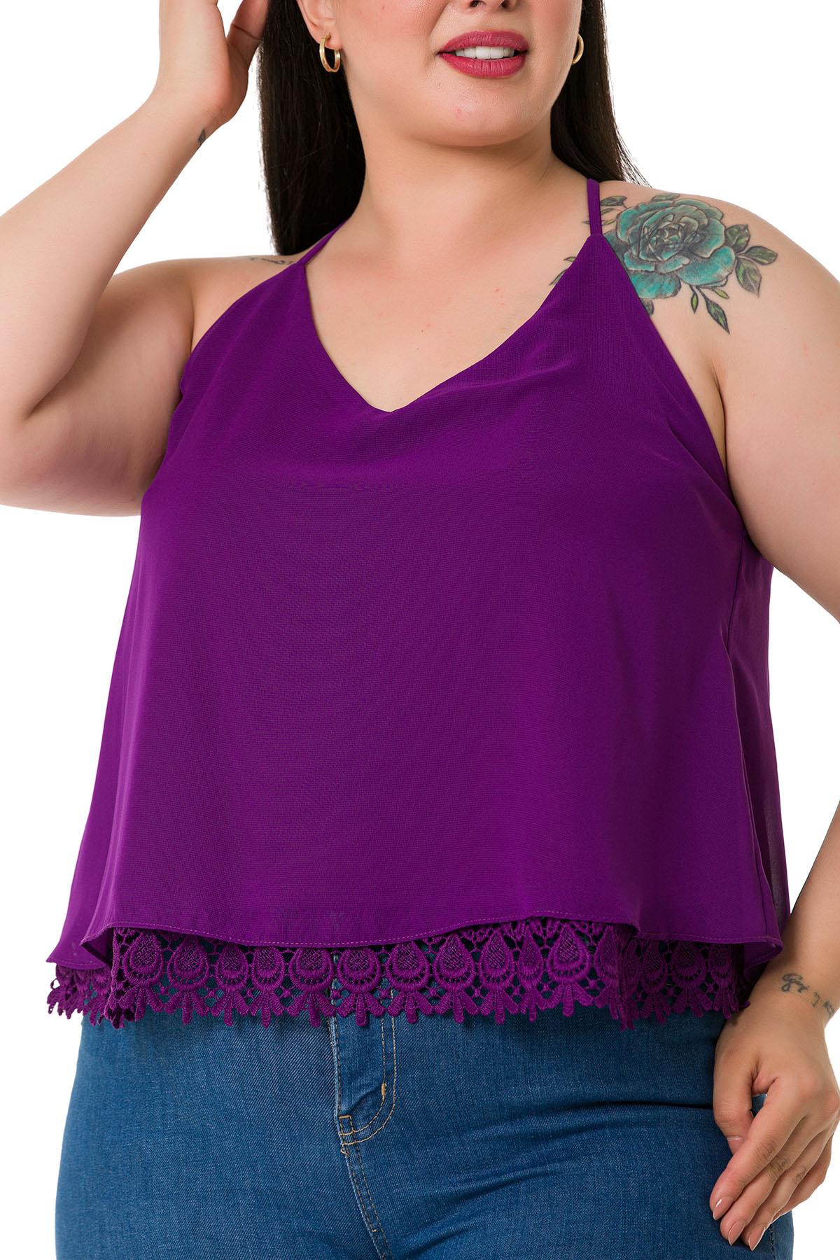 Plus Size Backless Lace Detailed Chiffon Purple Blouse