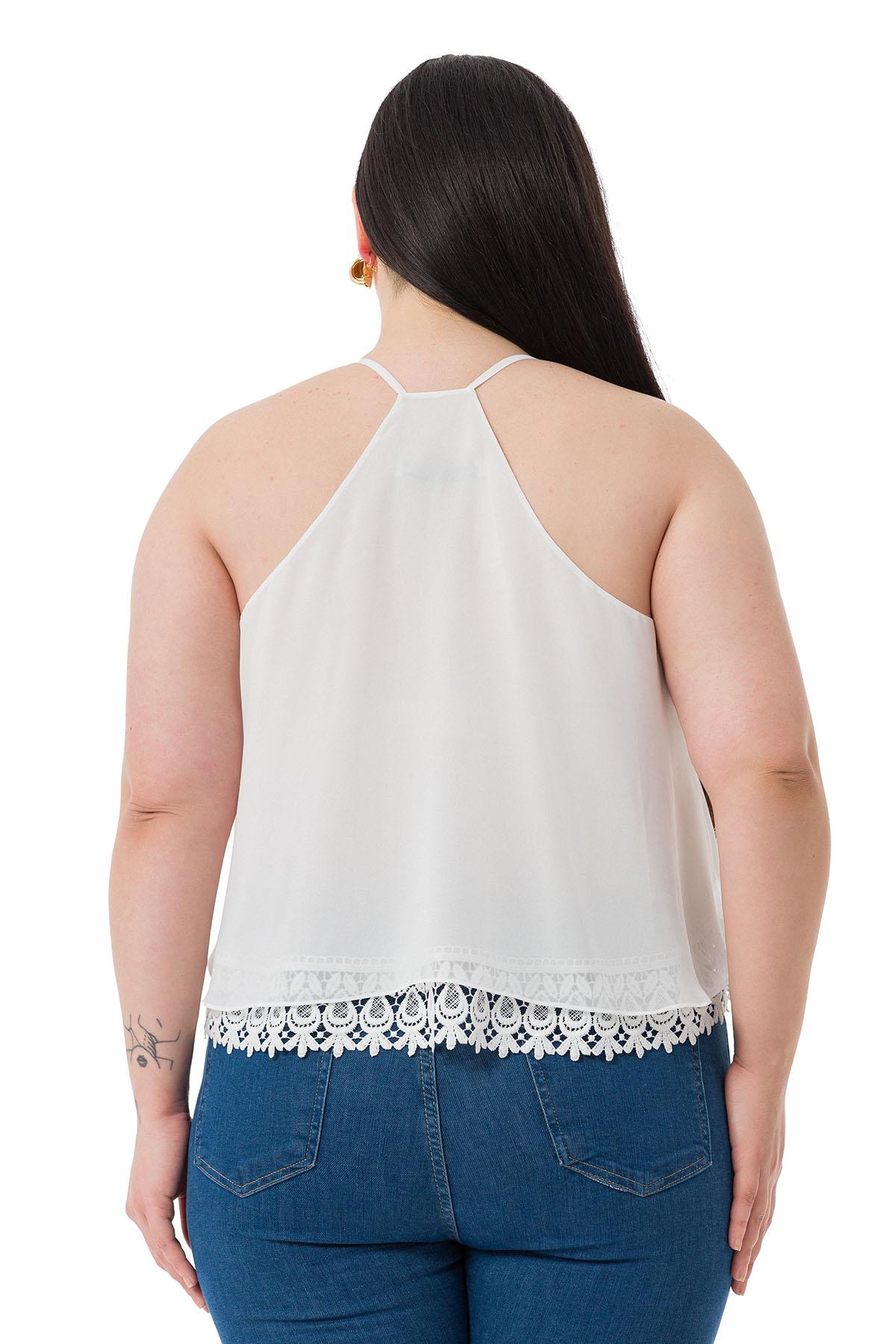 Plus Size Backless Lace Detailed Chiffon White Blouse