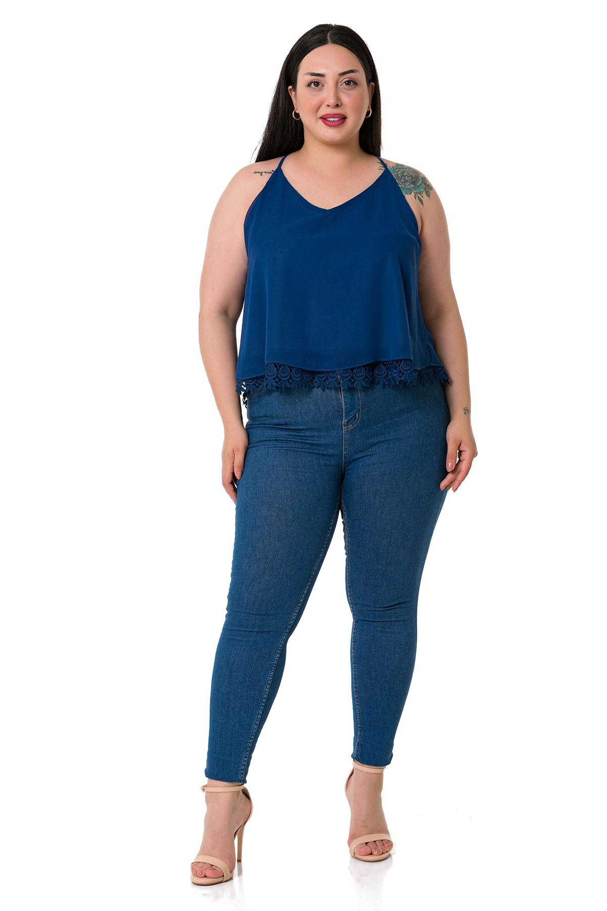 Plus Size Backless Lace Detailed Chiffon Navy Blue Blouse
