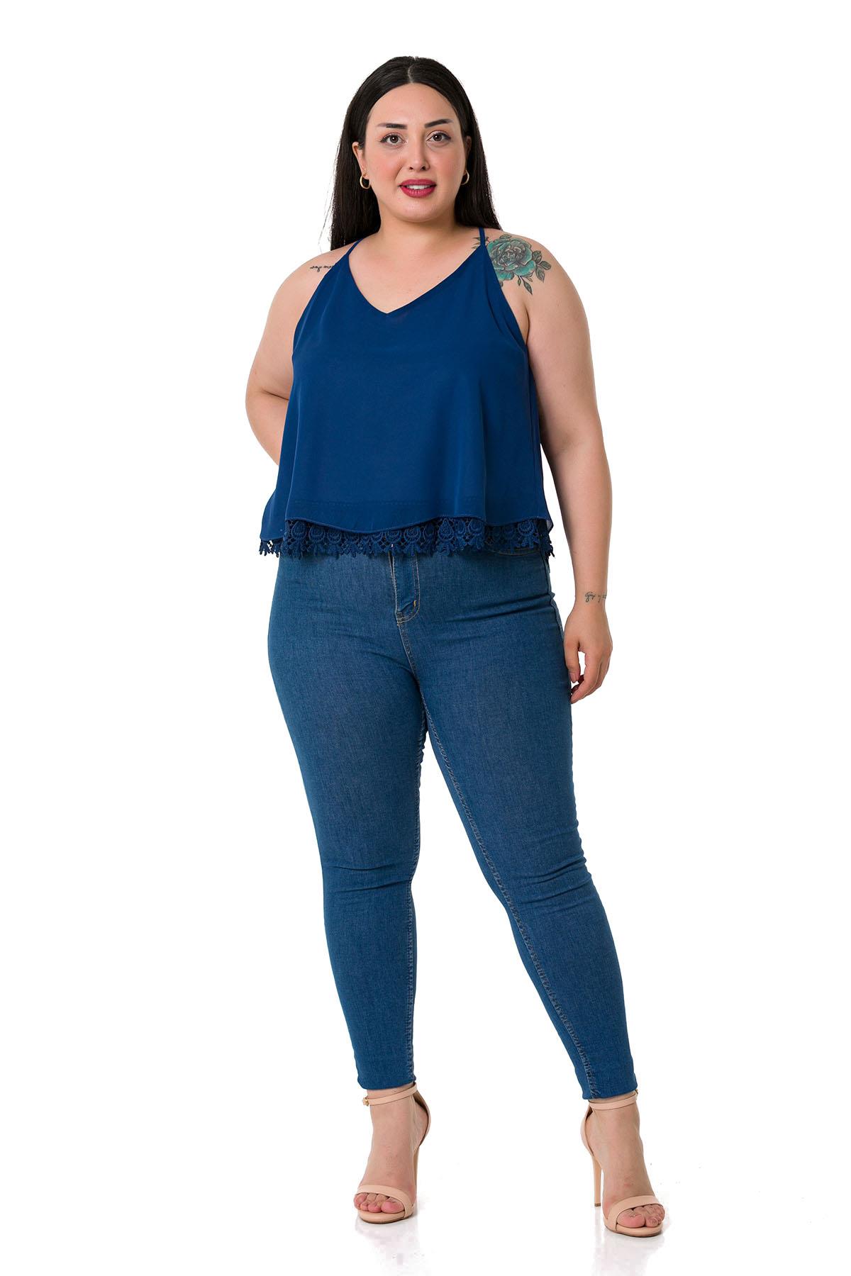 Plus Size Backless Lace Detailed Chiffon Navy Blue Blouse
