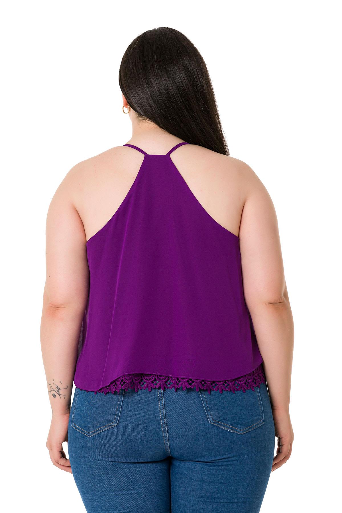 Plus Size Backless Lace Detailed Chiffon Purple Blouse