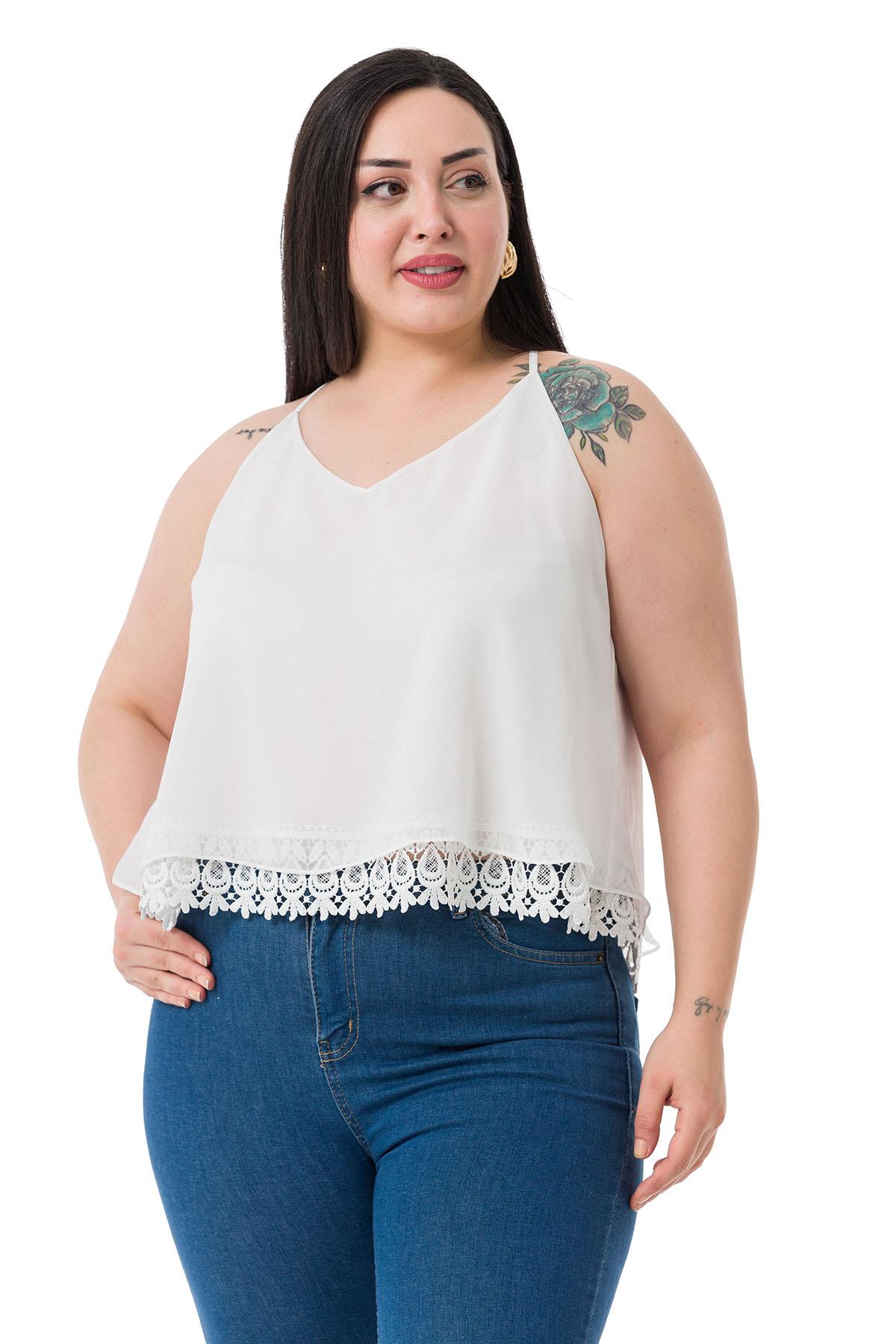 Plus Size Backless Lace Detailed Chiffon White Blouse