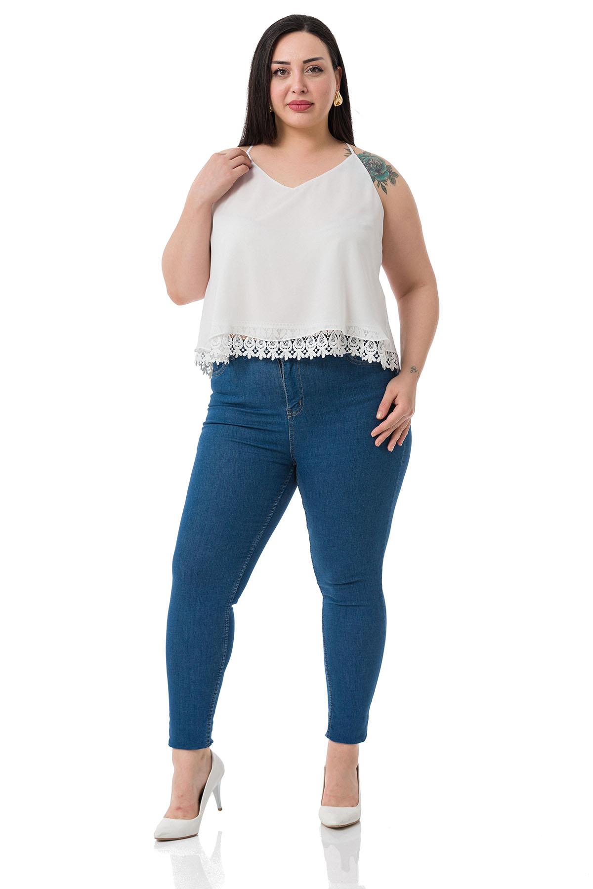 Plus Size Backless Lace Detailed Chiffon White Blouse