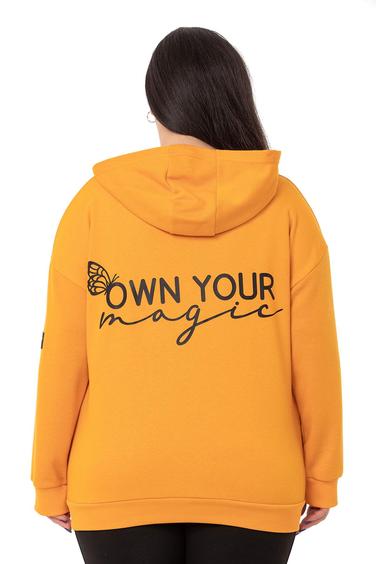 Plus Size Mustard Sweatshirt with Hooded Kangaroo Pocket and Text Detail on the Back