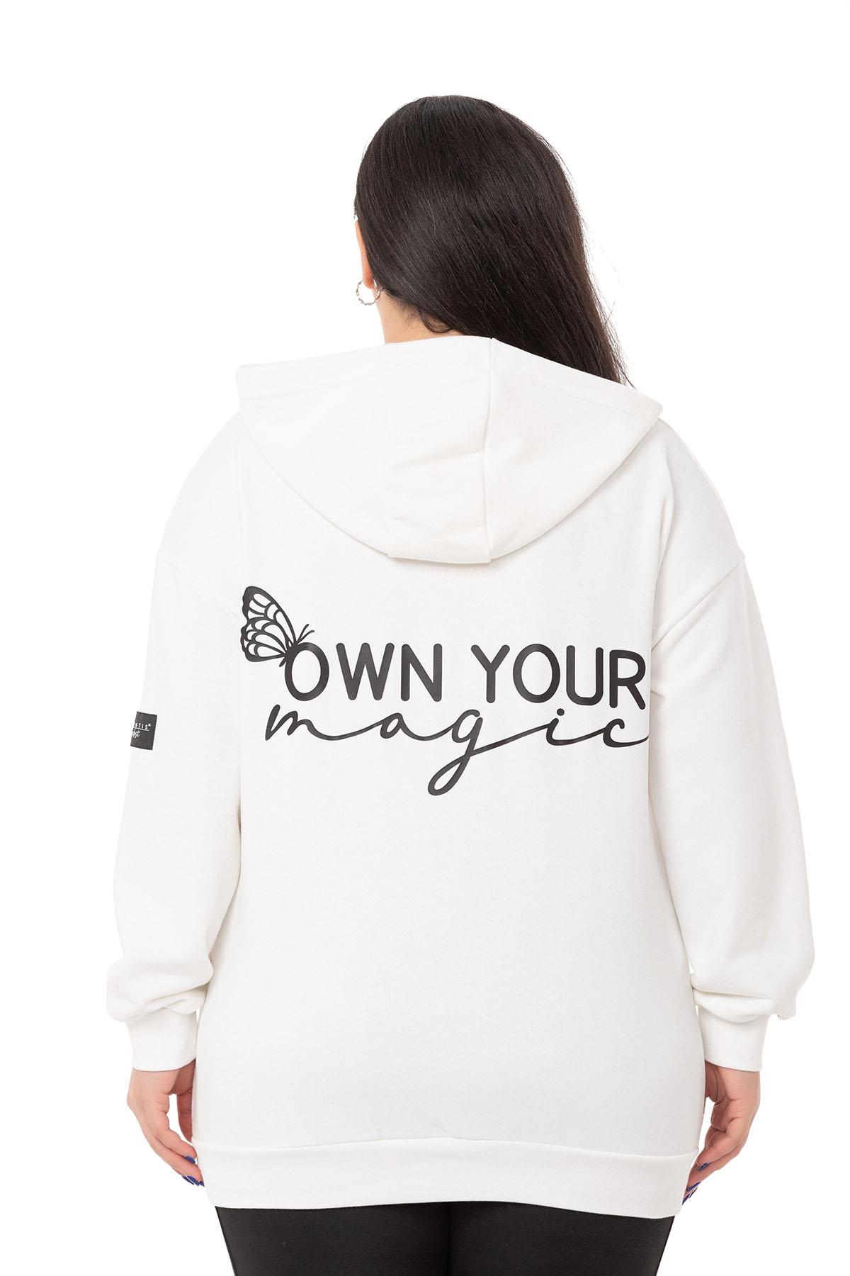 Plus Size Three Thread White Sweatshirt with Hooded Kangaroo Pocket and Text Detail on the Back