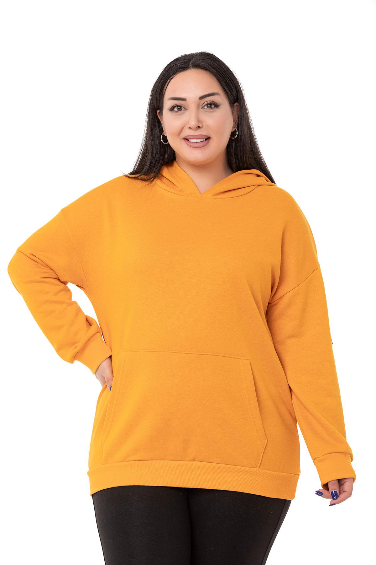 Plus Size Mustard Sweatshirt with Hooded Kangaroo Pocket and Text Detail on the Back