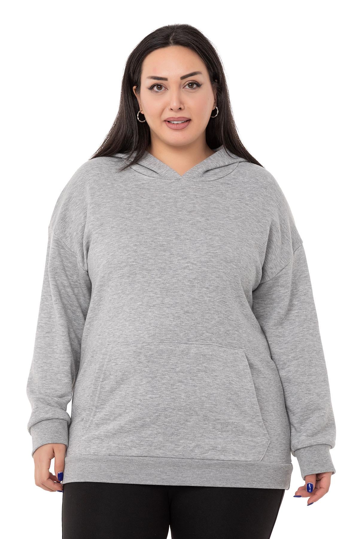 Plus Size Gray Melange Sweatshirt with Hooded Kangaroo Pocket and Text Detail on the Back