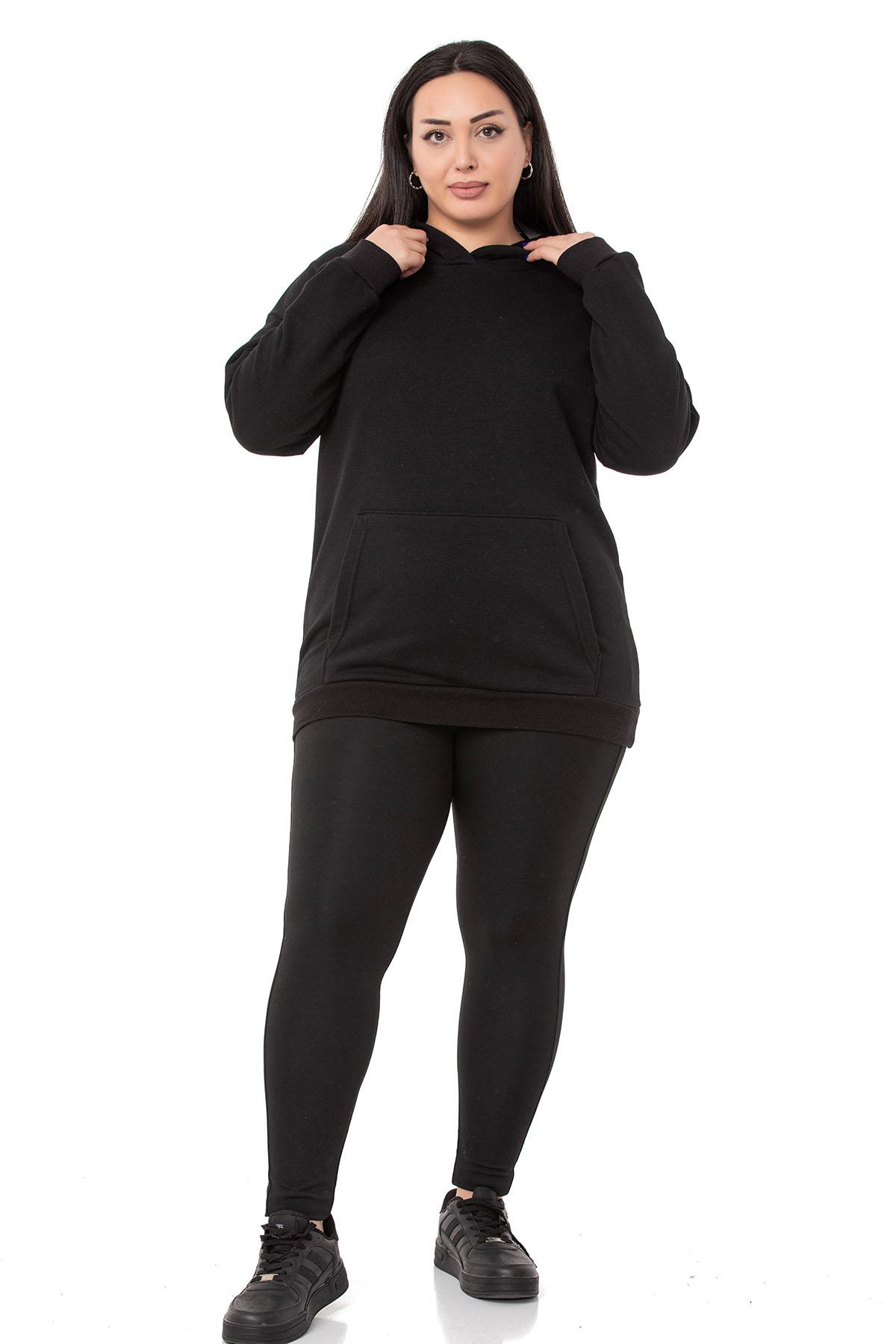 Plus Size Black Three Thread Sweatshirt with Hooded Kangaroo Pocket and Text Detail on the Back