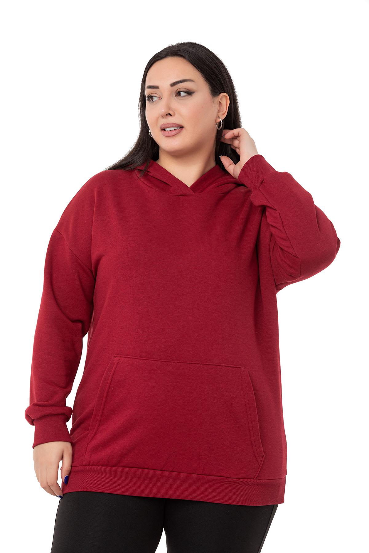 Plus Size Three Thread Claret Red Sweatshirt with Hooded Kangaroo Pocket and Text Detail on the Back