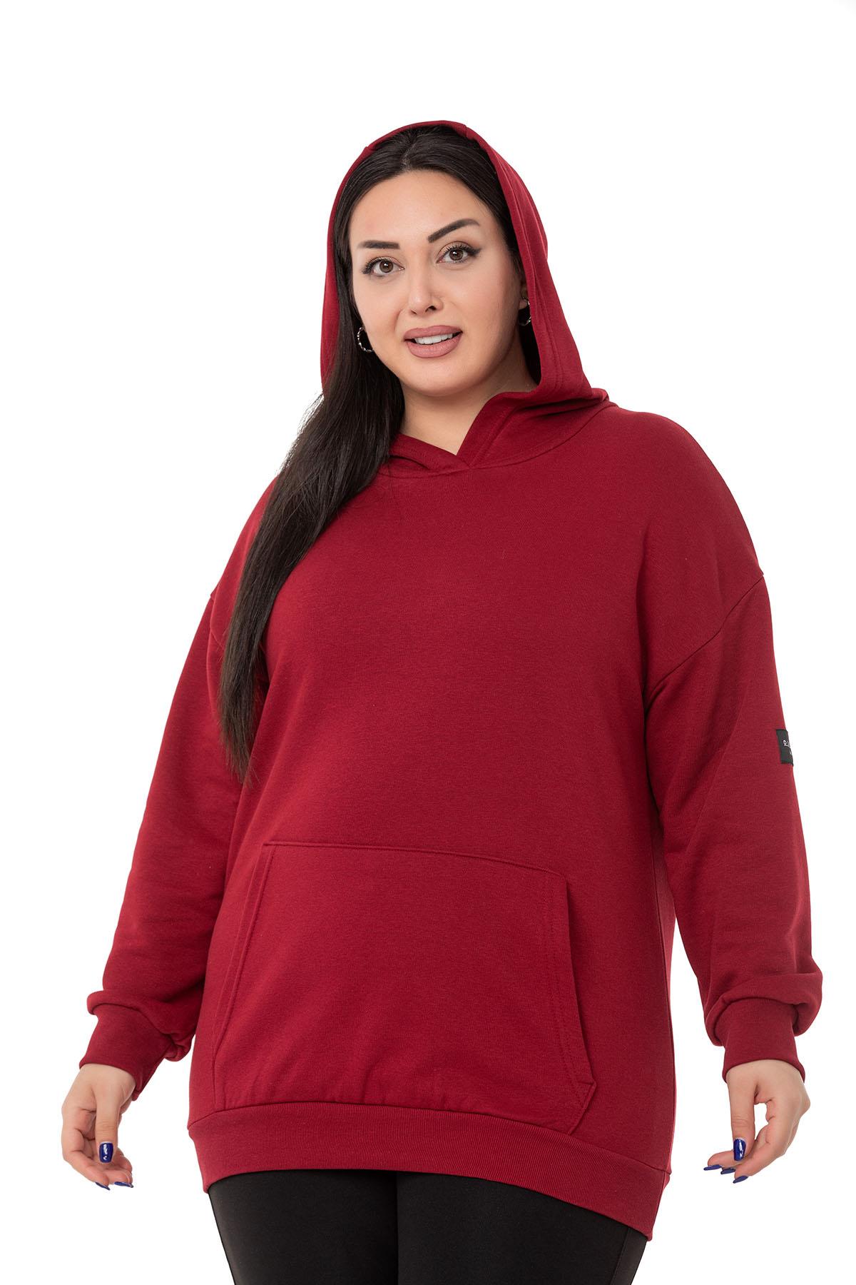 Plus Size Three Thread Claret Red Sweatshirt with Hooded Kangaroo Pocket and Text Detail on the Back