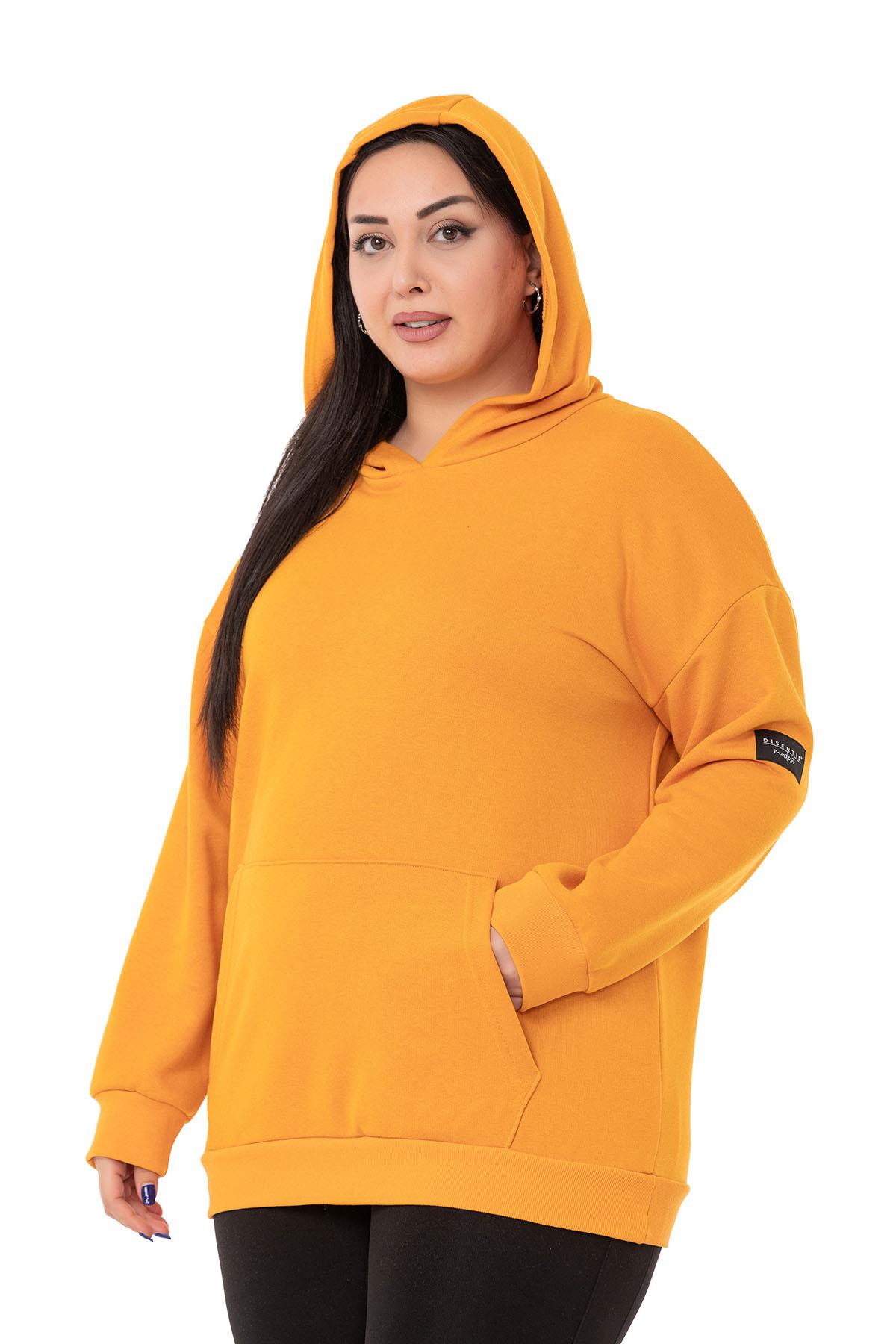 Plus Size Mustard Sweatshirt with Hooded Kangaroo Pocket and Text Detail on the Back