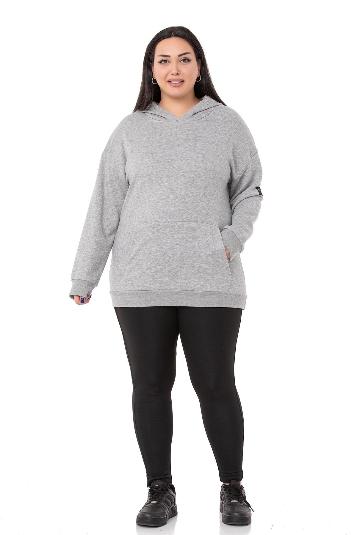 Plus Size Gray Melange Sweatshirt with Hooded Kangaroo Pocket and Text Detail on the Back