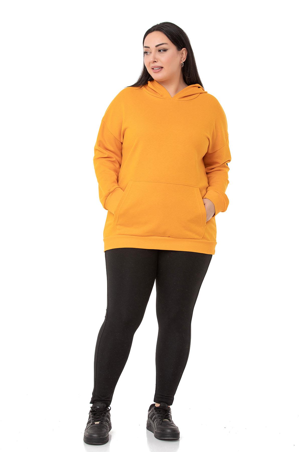 Plus Size Mustard Sweatshirt with Hooded Kangaroo Pocket and Text Detail on the Back