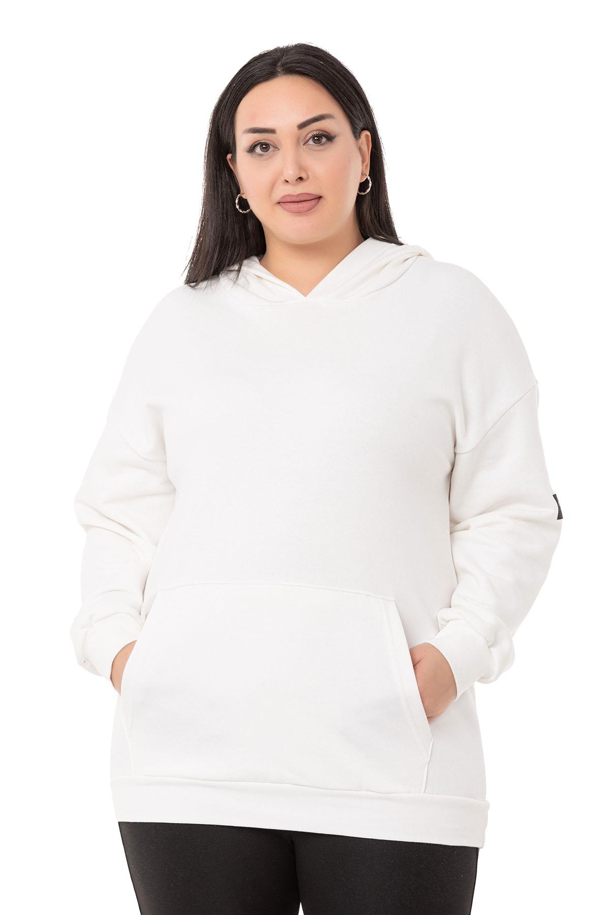 Plus Size Three Thread White Sweatshirt with Hooded Kangaroo Pocket and Text Detail on the Back