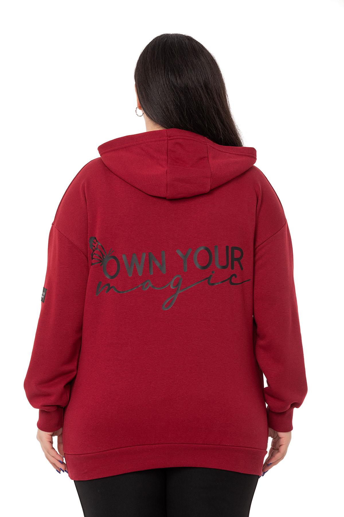 Plus Size Three Thread Claret Red Sweatshirt with Hooded Kangaroo Pocket and Text Detail on the Back