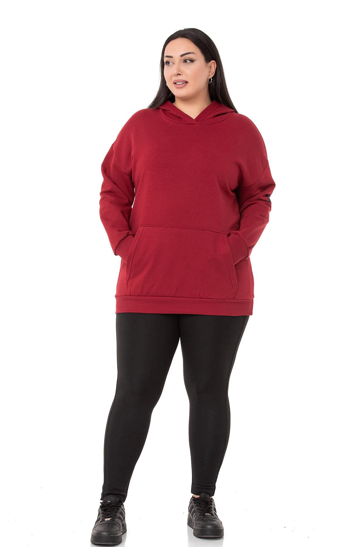 Plus Size Three Thread Claret Red Sweatshirt with Hooded Kangaroo Pocket and Text Detail on the Back