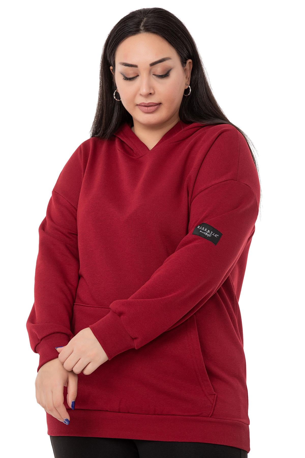 Plus Size Three Thread Claret Red Sweatshirt with Hooded Kangaroo Pocket and Text Detail on the Back