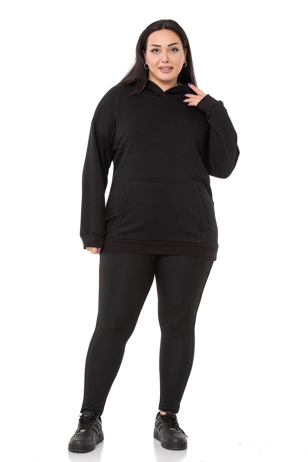 Plus Size Black Three Thread Sweatshirt with Hooded Kangaroo Pocket and Text Detail on the Back
